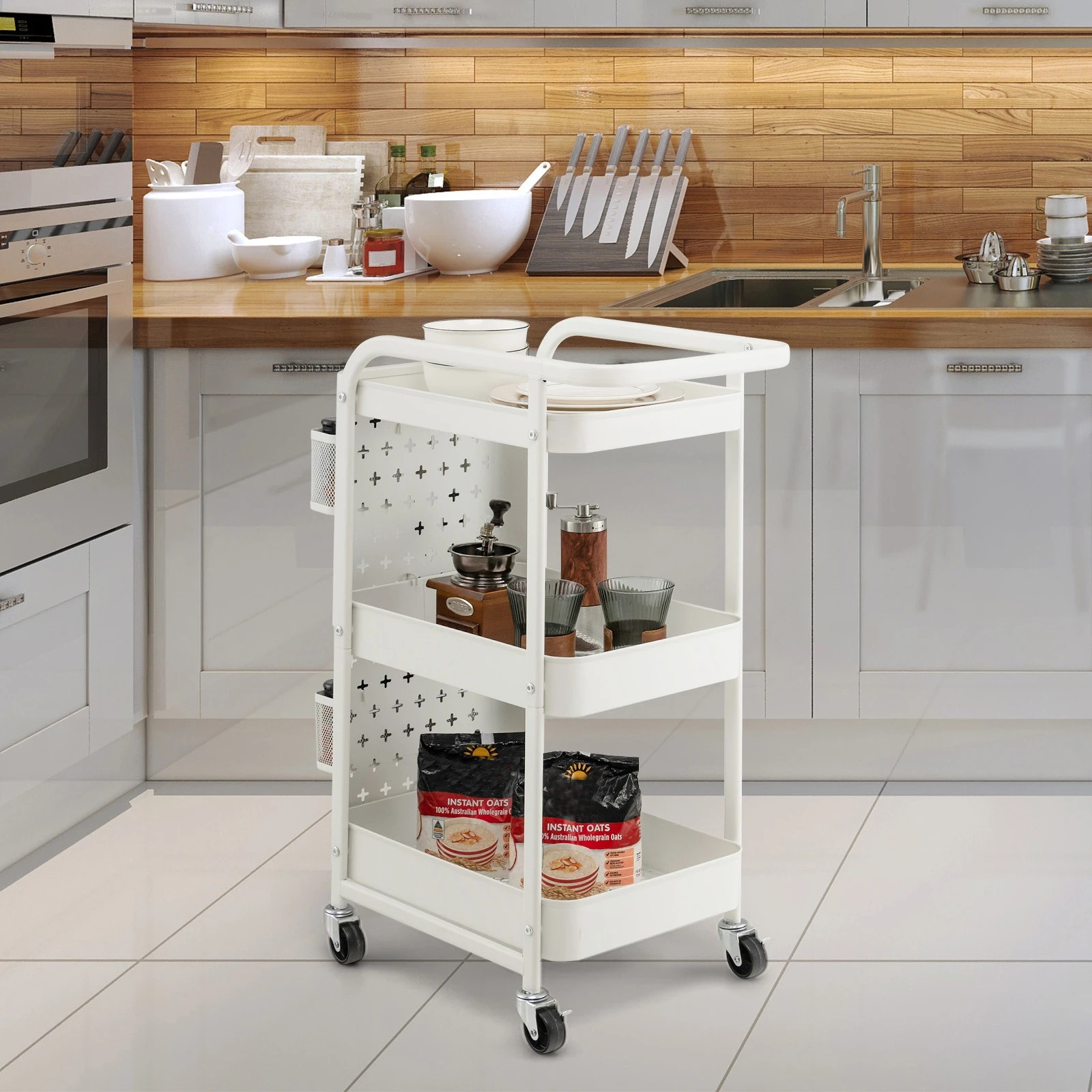 3 Costway 3-Tier Rolling Storage Cart w/Pegboards Mobile Utility Trolley - White, 3 of 4