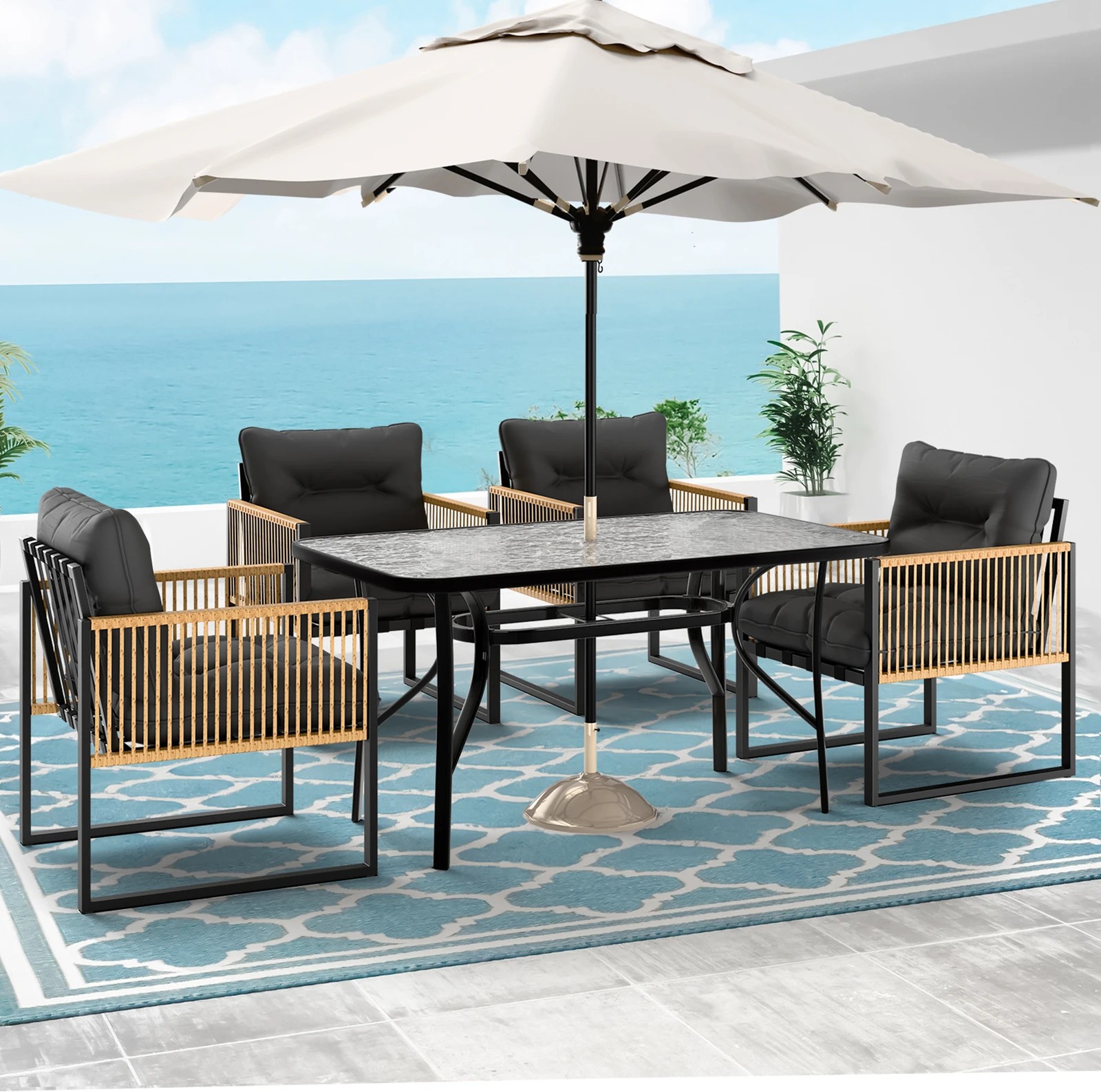 3 Alfordson Outdoor Furniture Setting Patio Dining Table Chair Set Wicker Glass - Black Grey, 3 of 10