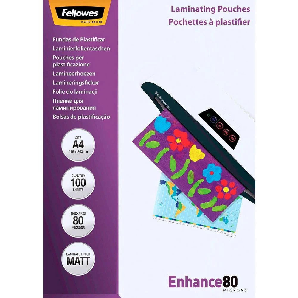 1 Fellowes A4 80 Micron Laminating Pouch Matte 100 Pack, 1 of 4