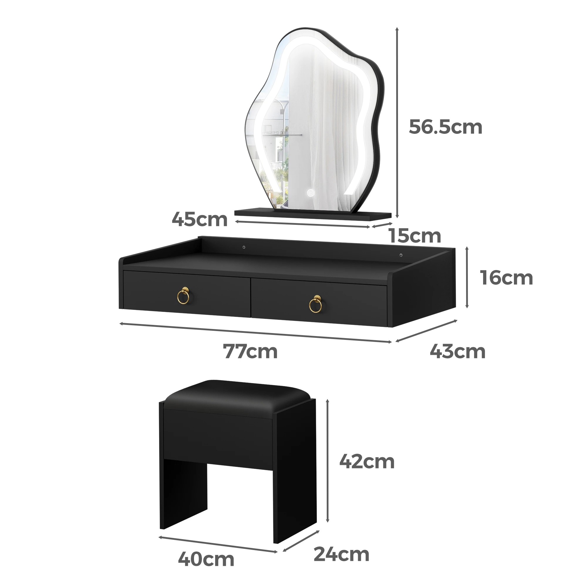 9 Alfordson Dressing Table Stool Set Floating Makeup Mirror LED Vanity Desk - Black, 9 of 10