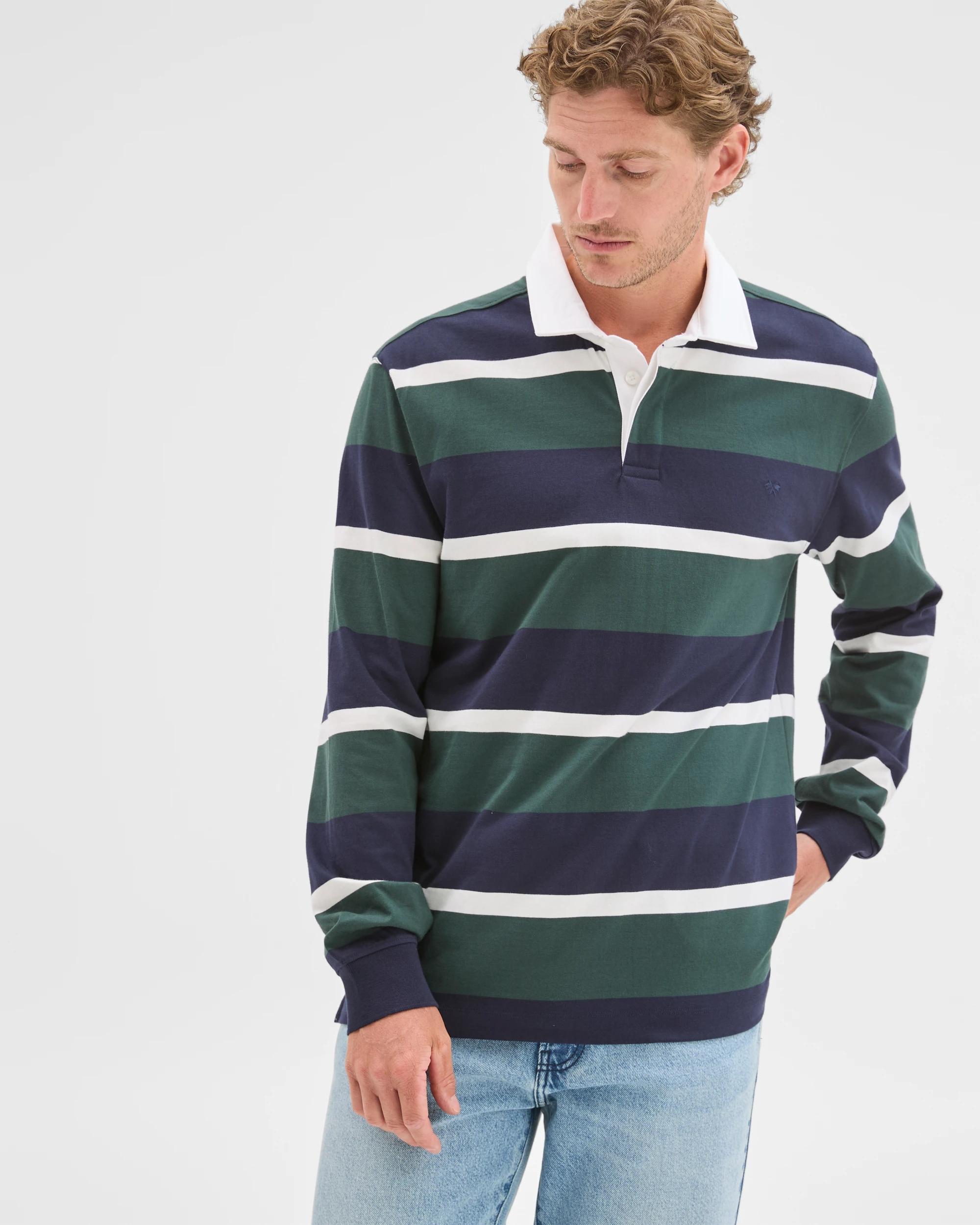 4 Target Man Australian Cotton Long Sleeve Rugby Polo Top NAVY GREEN STRIPE, 4 of 9