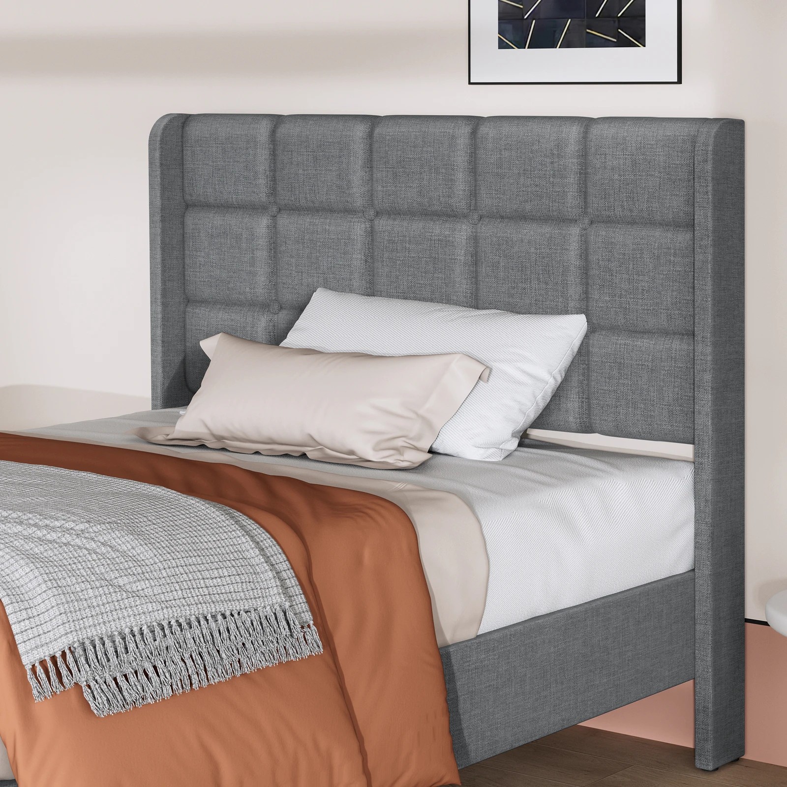 4 Alfordson Bed Frame Single Size Upholstered Wingback Base Fabric Sarah - Grey, 4 of 10