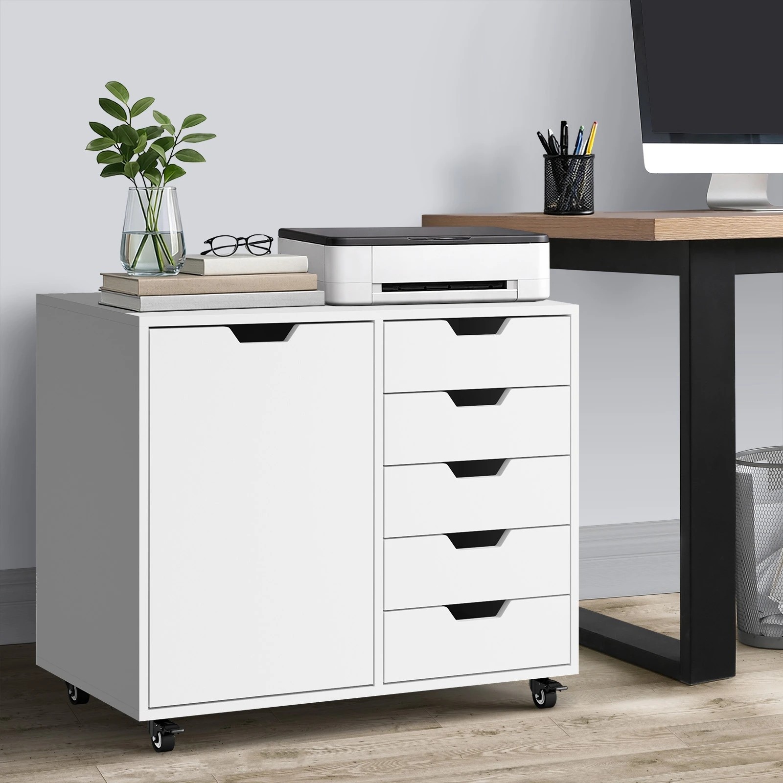 2 Oikiture Filing Cabinet 1 Door 5 Drawer Mobile Office Storage Cabinet - White, 2 of 7