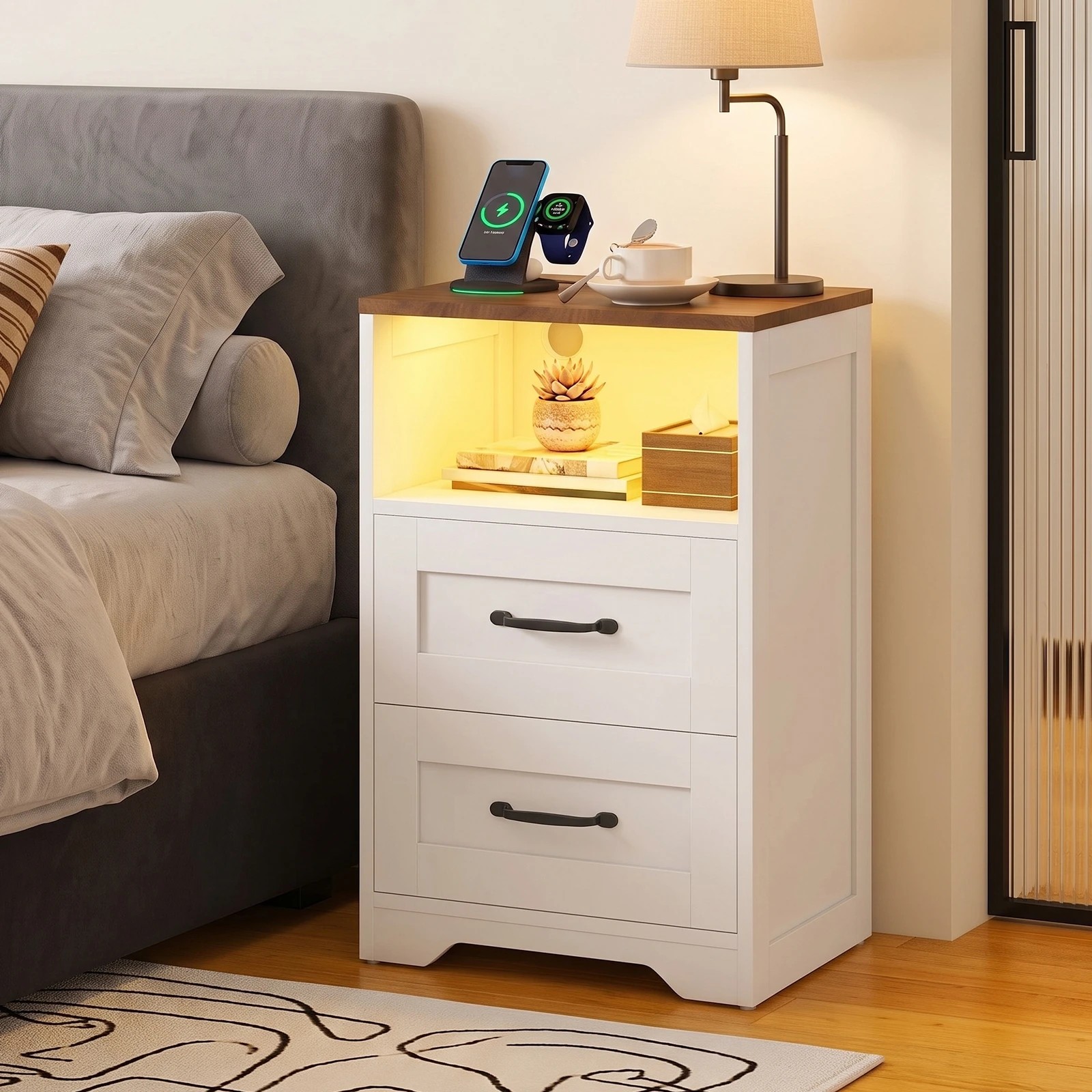 2 Advwin Farmhouse Bedside Table with 2 Drawers, Charging Station & LED Light - White, 2 of 8