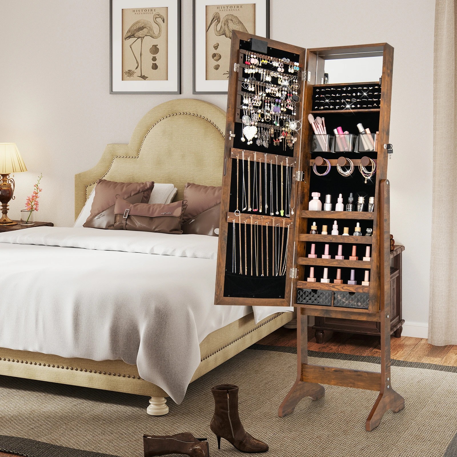 2 Costway LED Mirror Jewelry Cabinet 4 Tilt Angles Standing Jewelry Armoire Organiser - Brown, 2 of 4