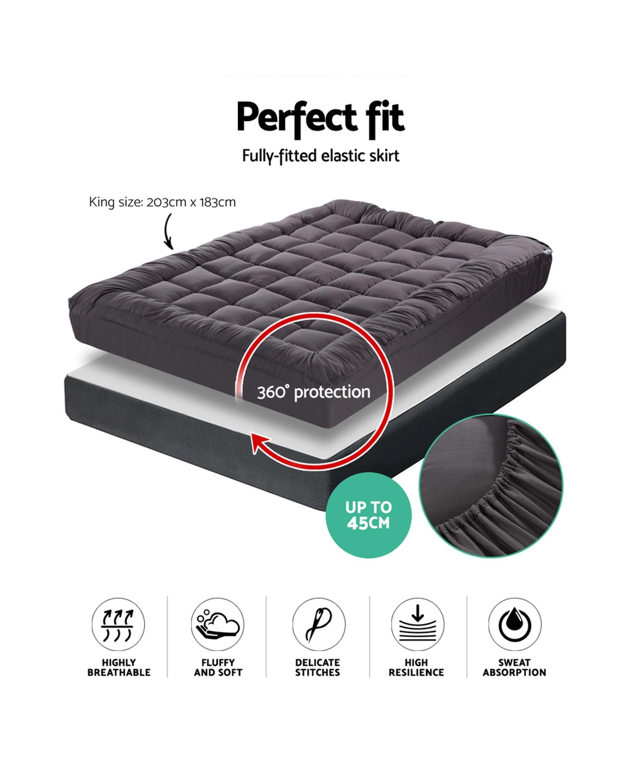 2 Giselle Mattress Topper King - Charcoal - Charcoal, 2 of 8