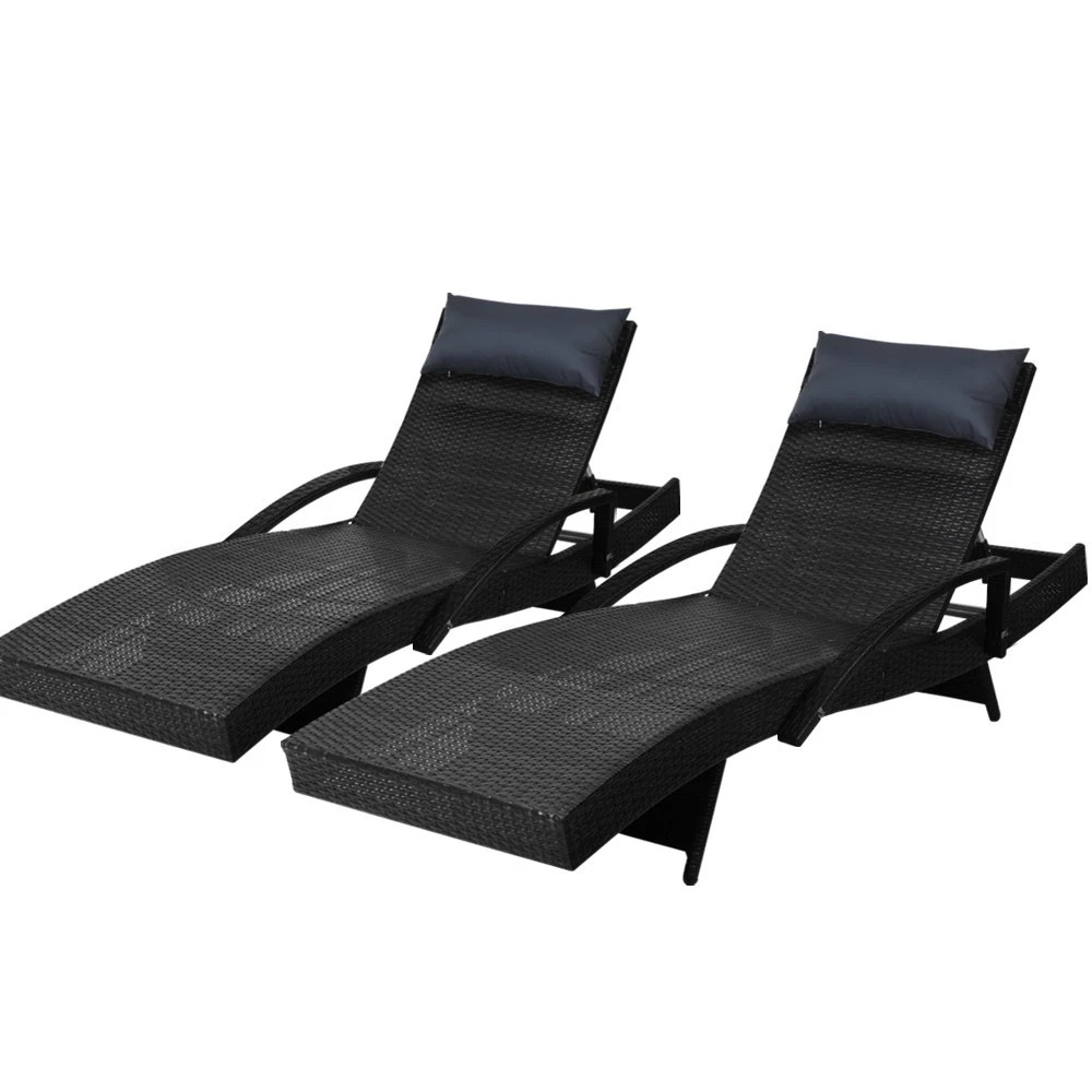 1 Gardeon 2x Sun Lounge Wicker Lounger Outdoor Furniture Beach Chair Armrest - Black, 1 of 6