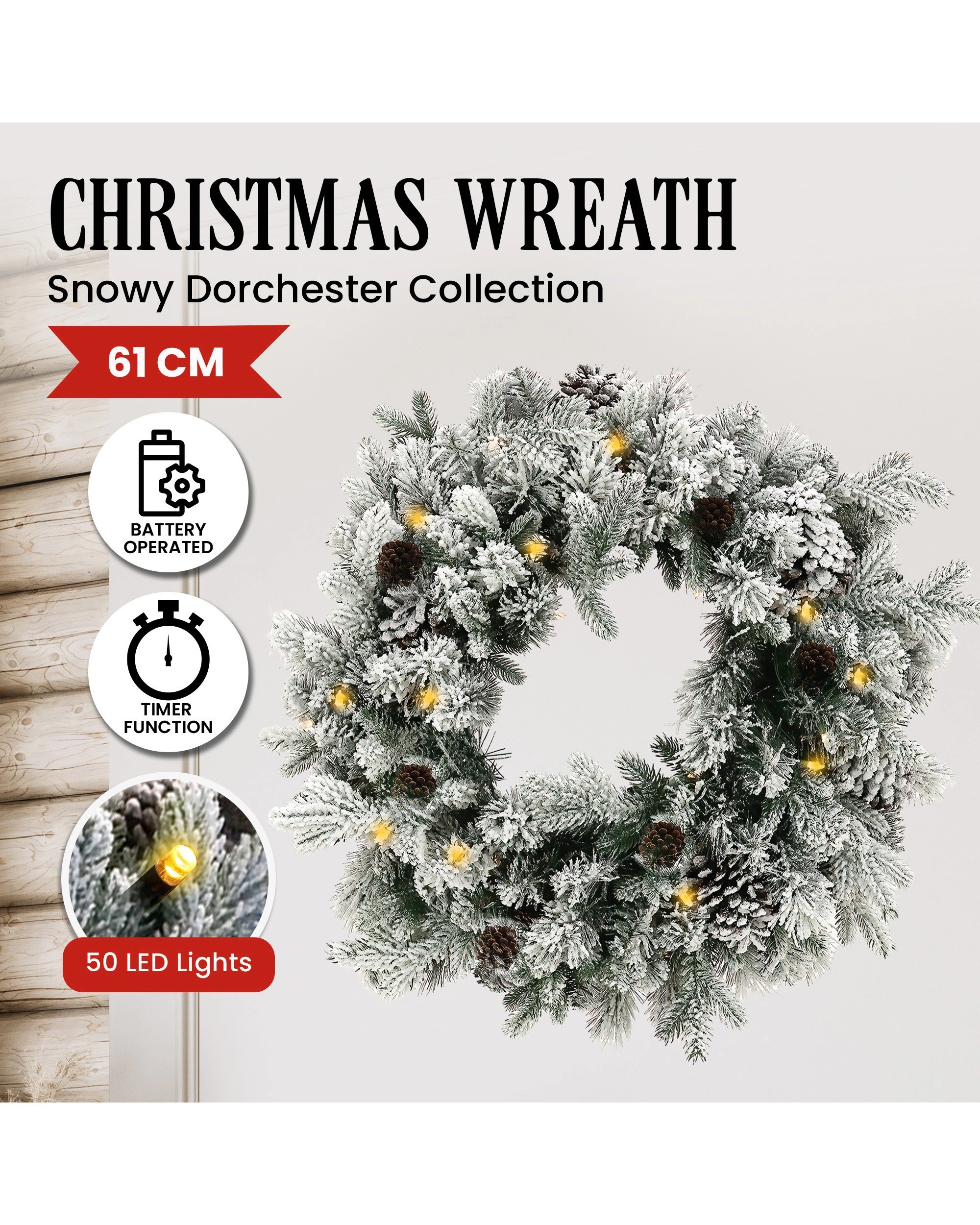 6 Christabelle 61cm Snowy Christmas Wreath with LED Lights Dorchester Pine Cones Front Door Decoration Ornament, 6 of 6
