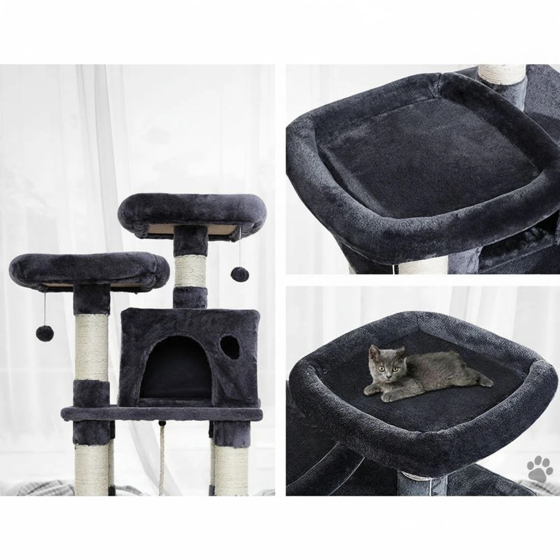 6 i.Pet Cat Tree 145cm Tower Scratching Post Scratcher Wood Condo House Large Bed - Grey, 6 of 7