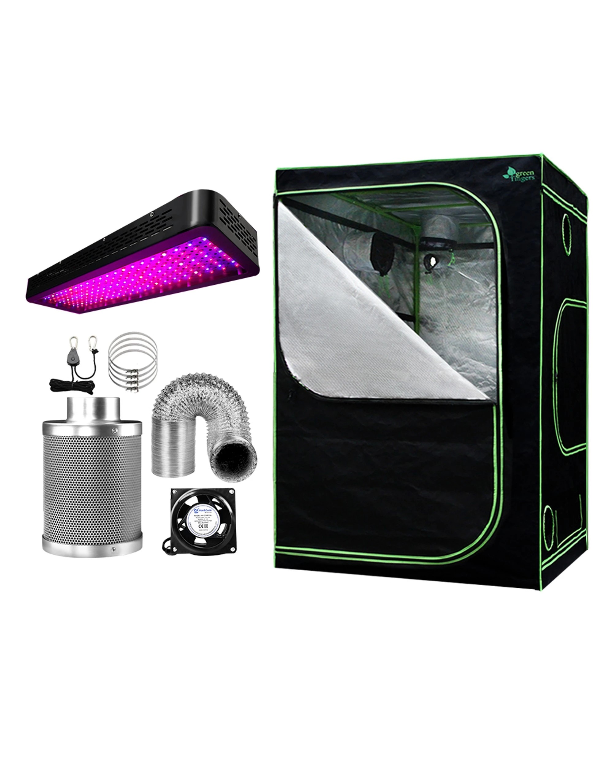 1 Green Fingers Grow Tent Light Kit 150x150x200CM 2000W LED 4" Vent Fan - Black, 1 of 6