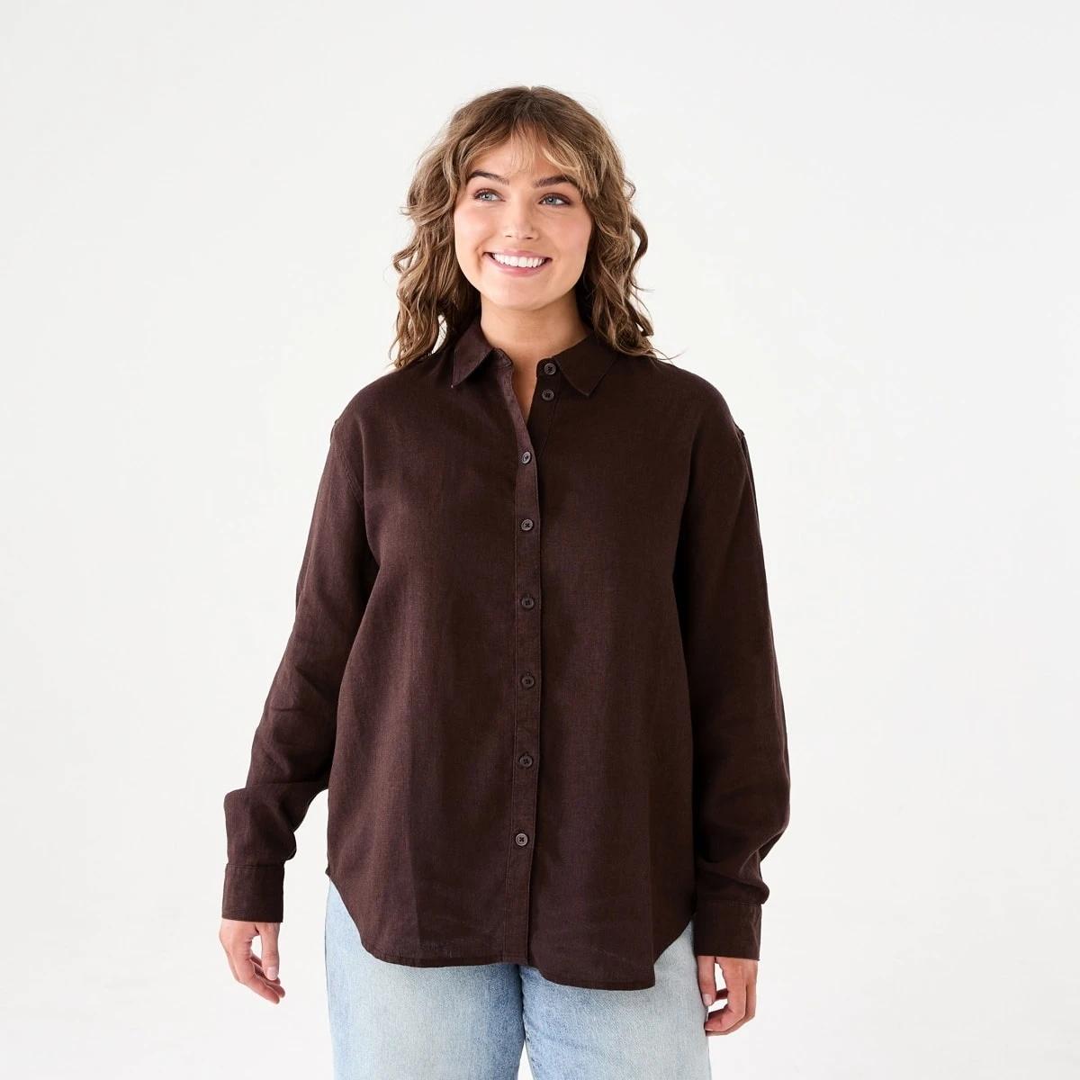 1 Long Sleeve Linen Blend Shirt MELTED CHOCOLATE, 1 of 6