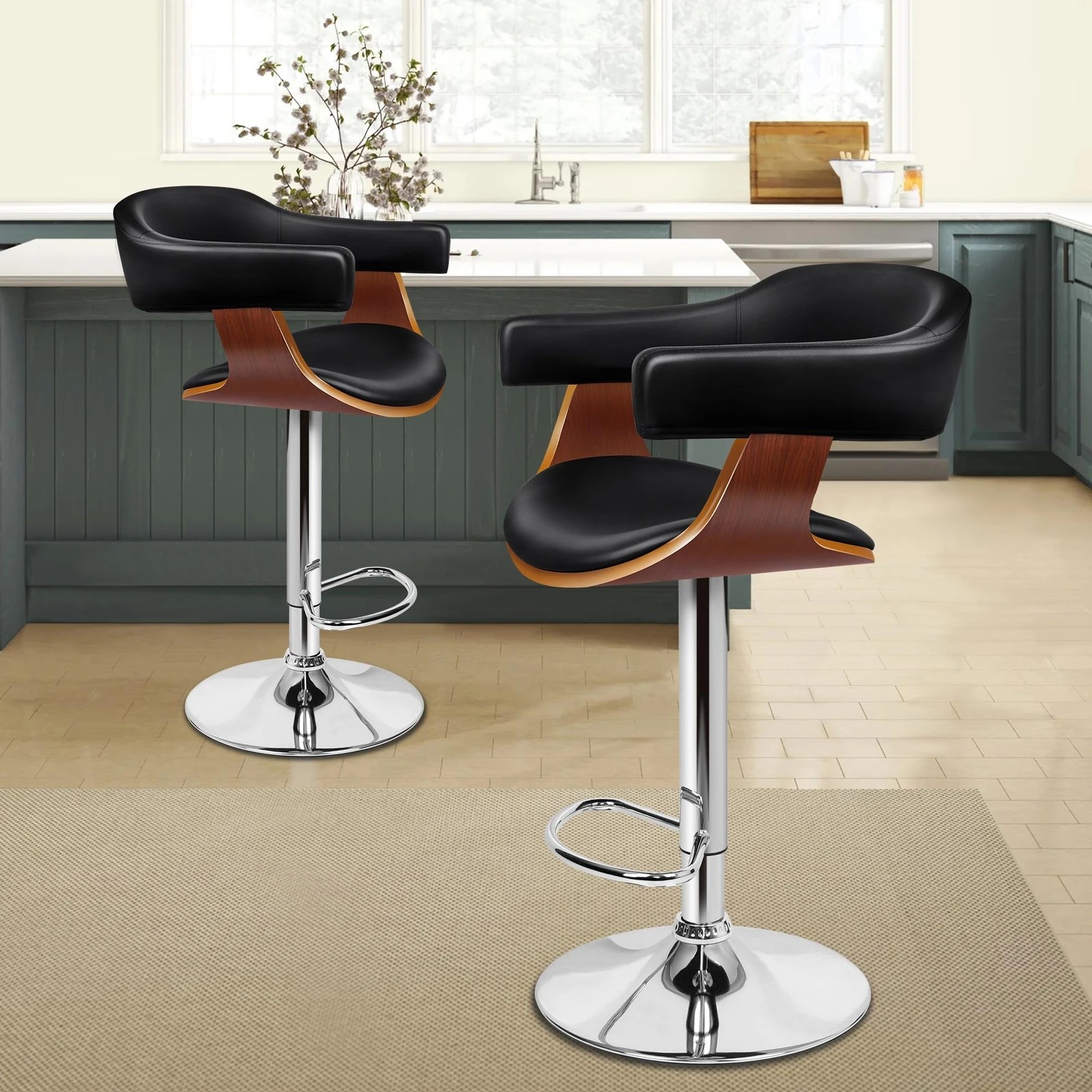 2 Alfordson 2x Bar Stools Joan Kitchen Swivel Chair Wooden Leather Gas Lift - Black, 2 of 9
