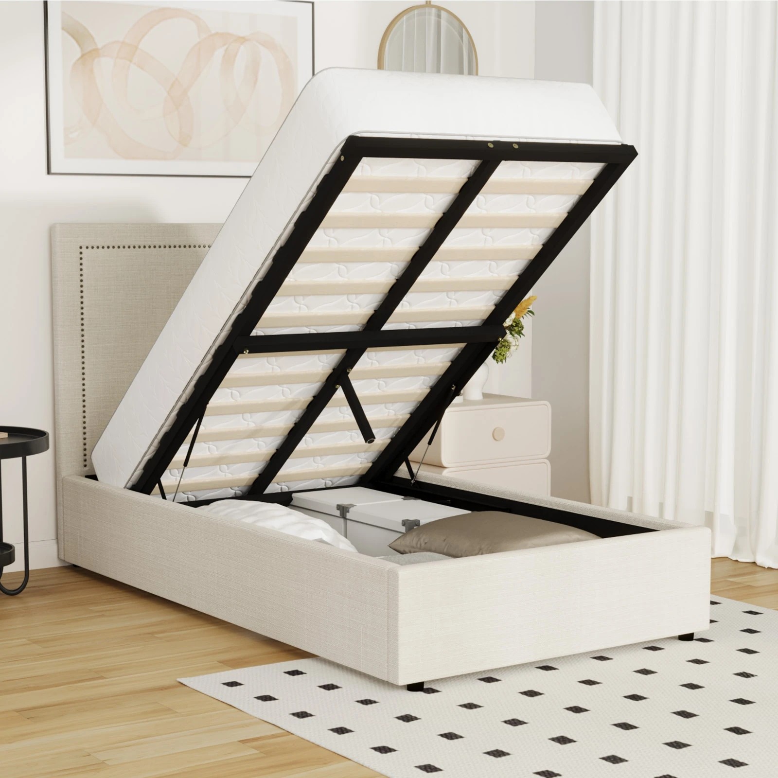 6 Oikiture Bed Frame King Single Gas Lift Base with Storage ADI - Beige, 6 of 10
