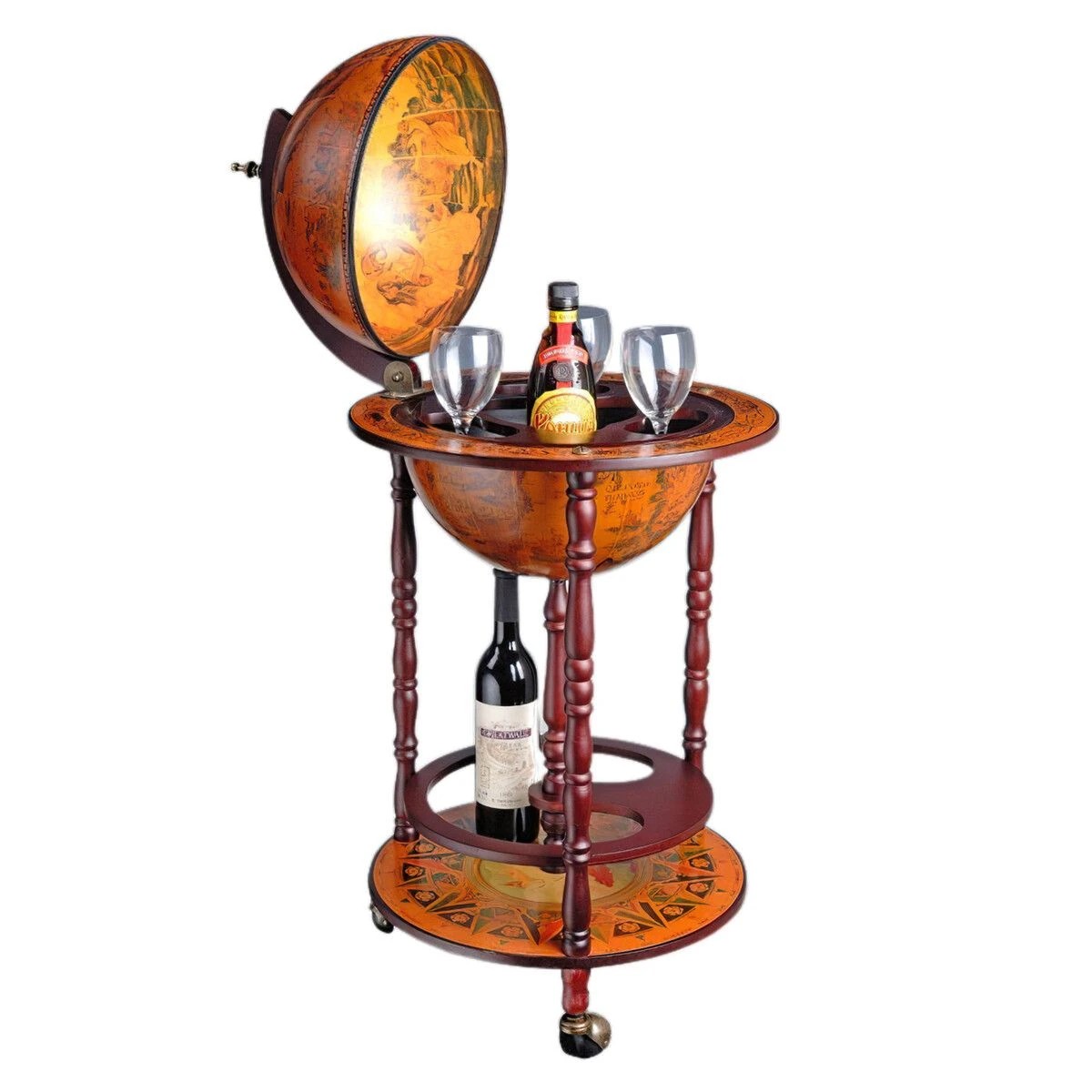1 LUXSUITE Antique Globe Bar Cart Cabinet Alcohol Wine Drinks Coffee Serving Trolley Round Bottle Storage Mid-century, 1 of 8