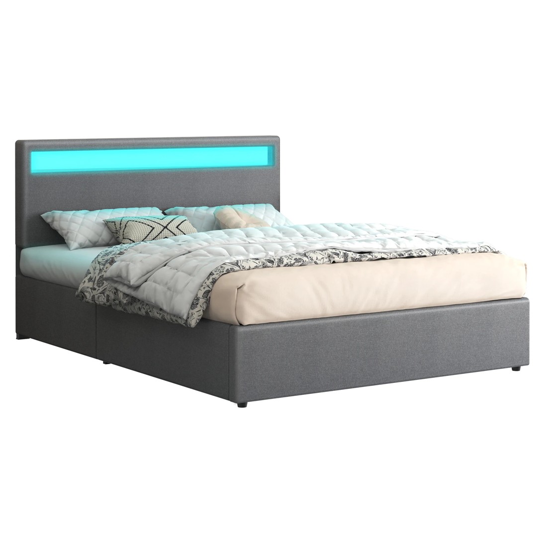 1 Alfordson Bed Frame Queen Size RGB LED Gas Lift Storage Base Fabric Luchino - Grey, 1 of 10