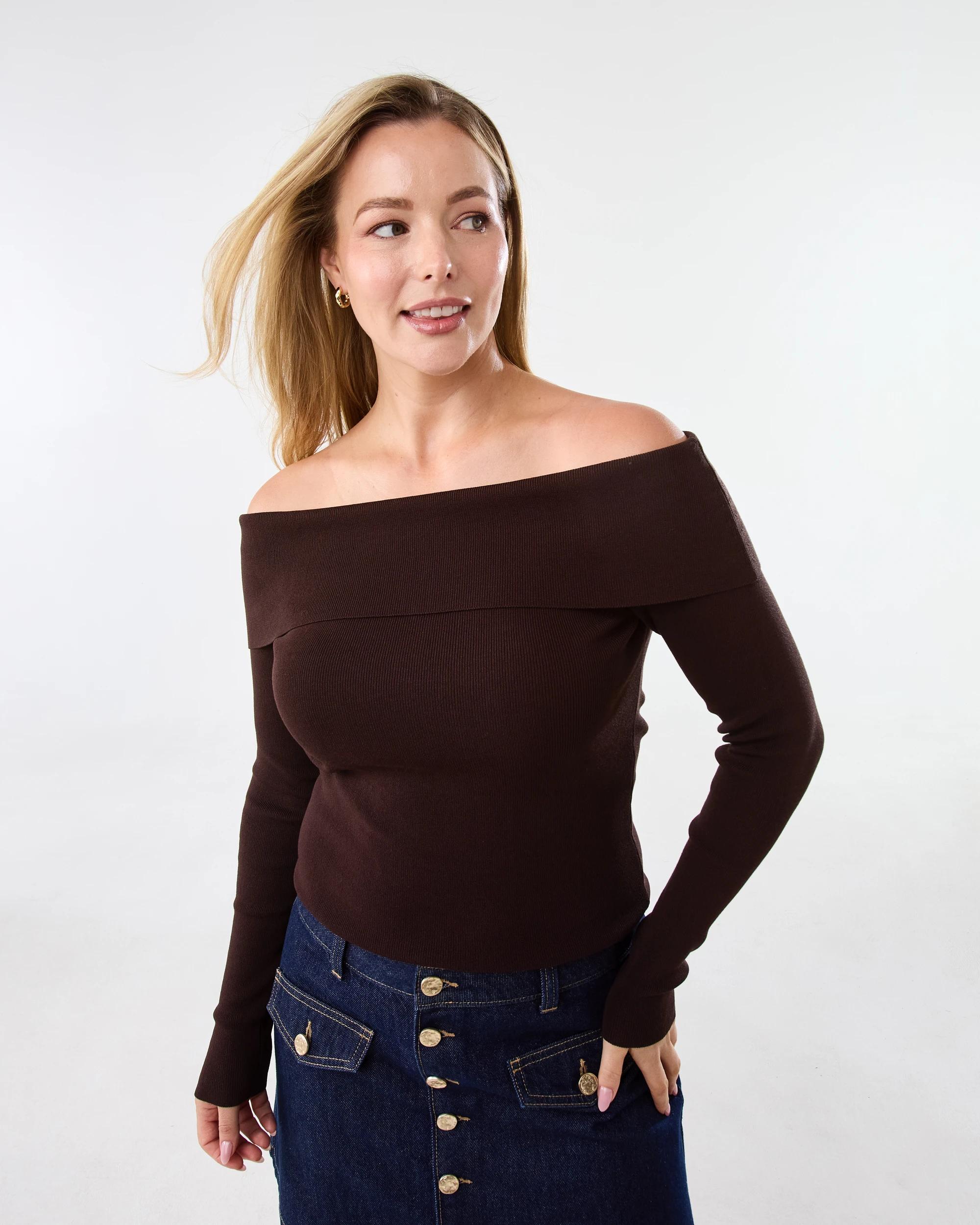 1 Long Sleeve Off Shoulder Top Melt Brown, 1 of 6