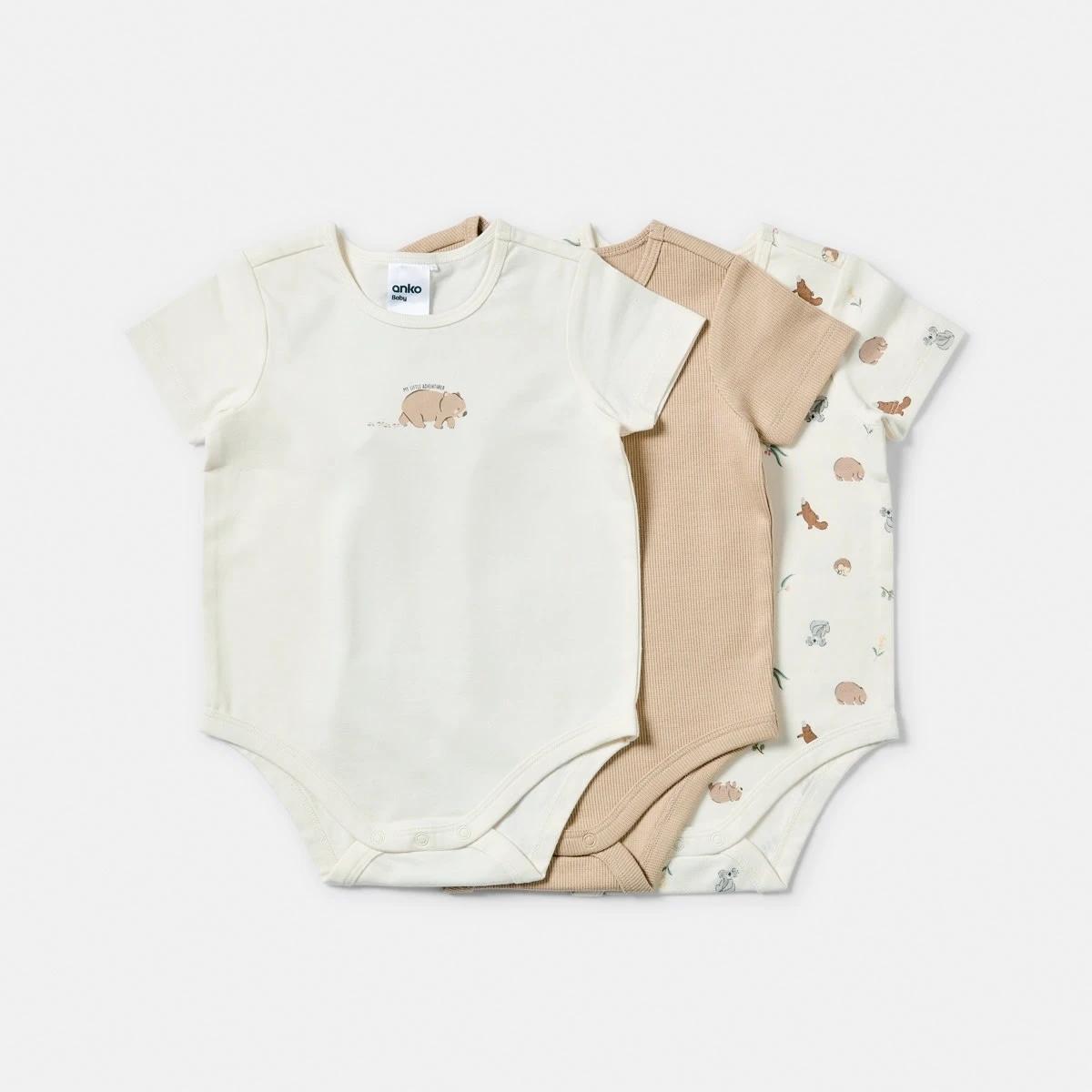 1 3 Pack Short Sleeve Print Bodysuits TAN WOMBAT, 1 of 8