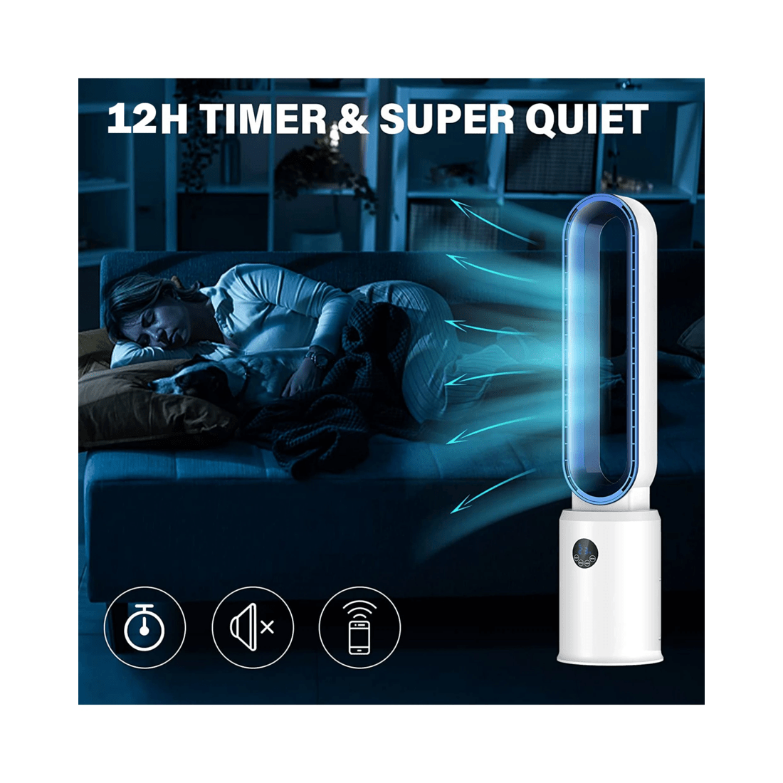 5 Advwin Bladeless Tower Fan, Standing Floor Fan Air Circulator with Remote Control Speeds Adjustable, Blue, 5 of 7