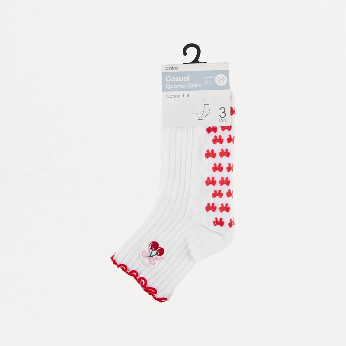 3 3 Pack Frill Quarter Crew Non-Slip Socks LOVE CHERRY MULTI, 3 of 3