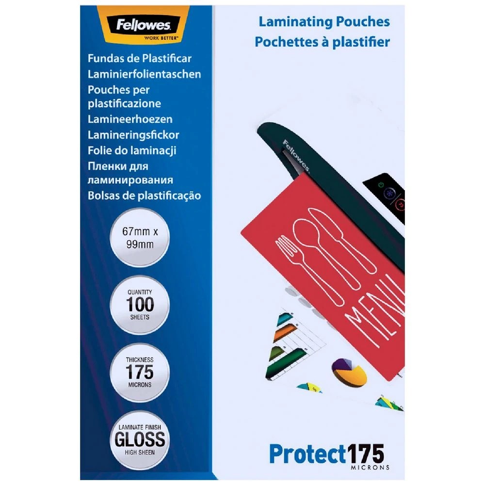 1 Fellowes Laminating Pouch 67 x 99mm 175 Micron Gloss 100 Pack, 1 of 4