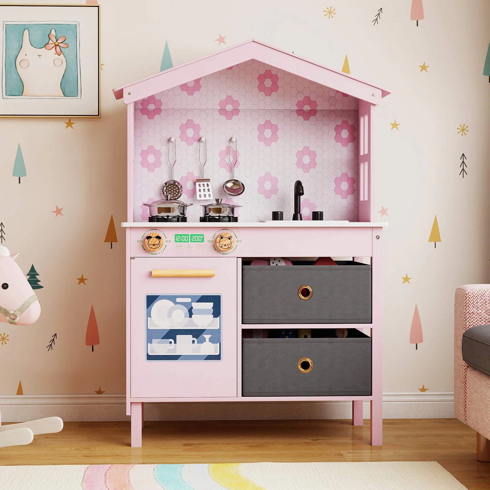 1 Costway Kitchen Playset Chef Pretend Play Kitchen Toy w/Sink - Pink, 1 of 1