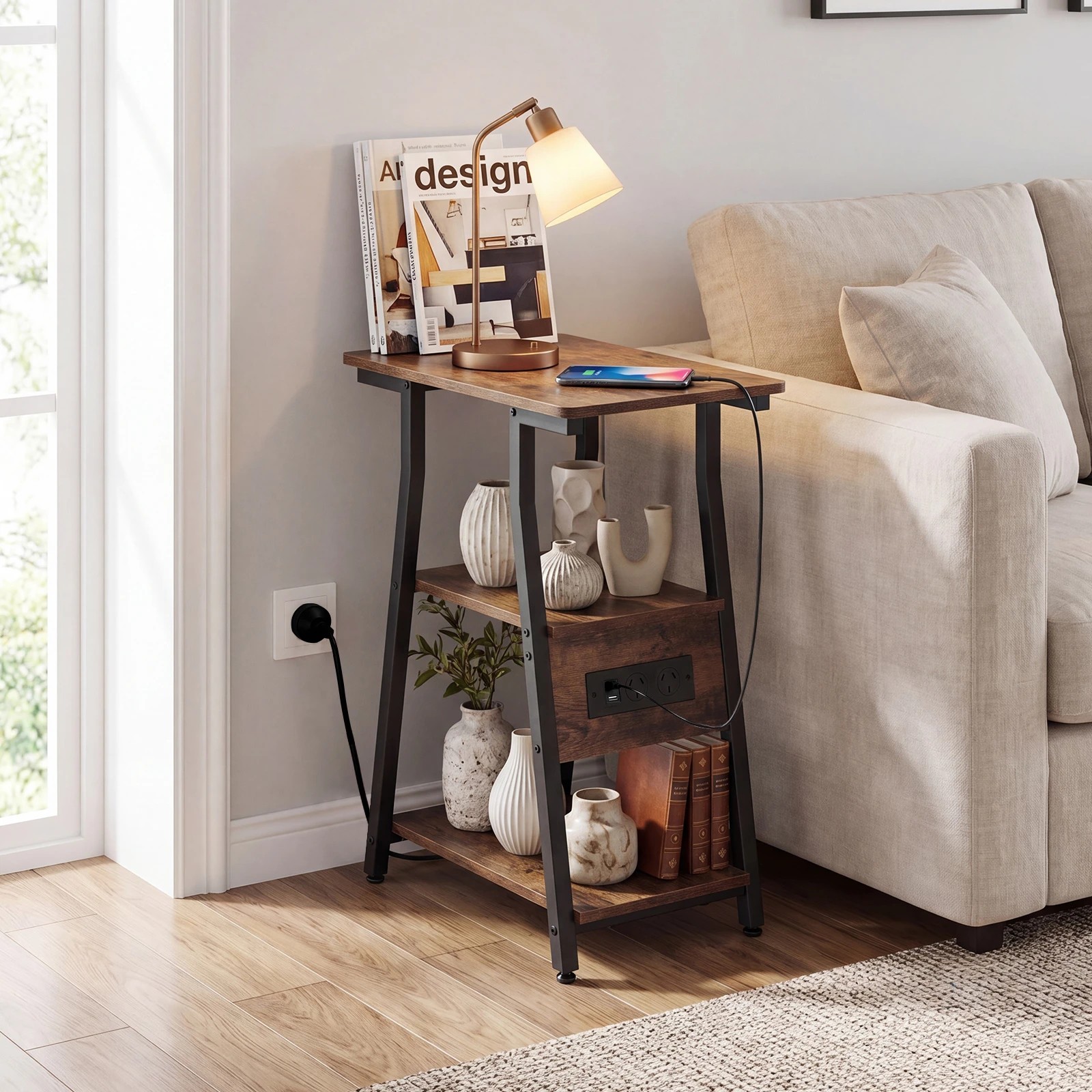 3 Costway 3-Tier Side Table w/Charging Station Industrial Sofa Couch Table, 3 of 5