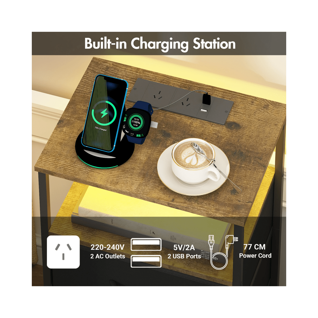 6 Advwin Led Bedside Table Set Of 2 Charging Station Nightstand, 6 of 7