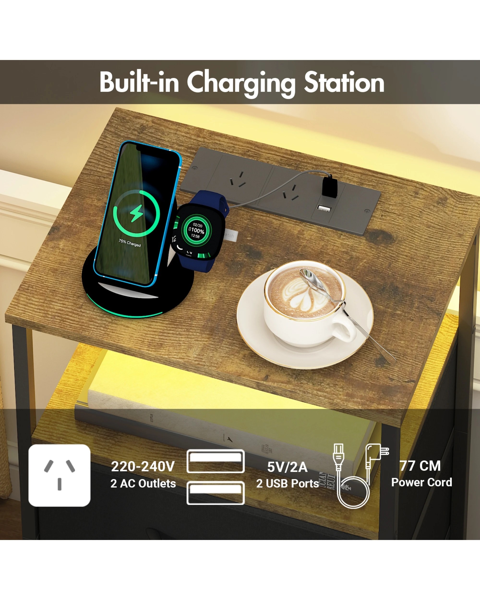 6 Advwin Led Bedside Table Set Of 2 Charging Station Nightstand, 6 of 7
