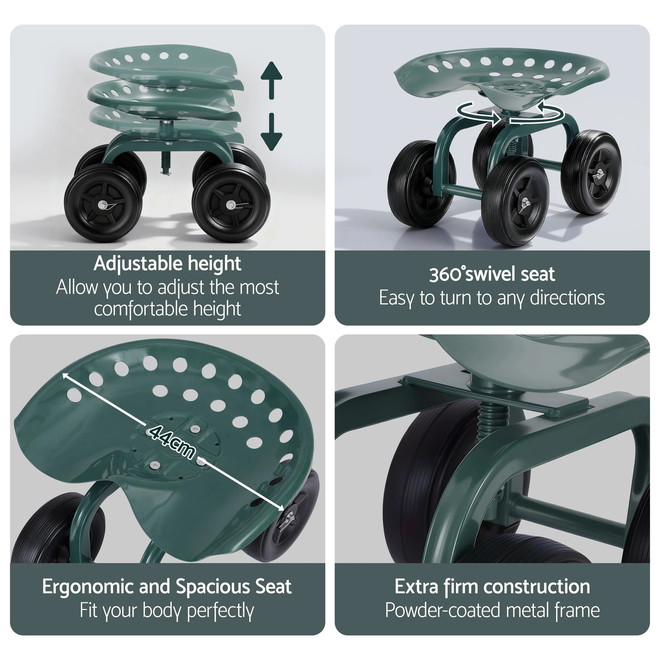 5 Gardeon Garden Seat 360 Swivel Rolling Adju Height Work Scooter Cart Wheels Heavy Duty 150kg - Multi, 5 of 9