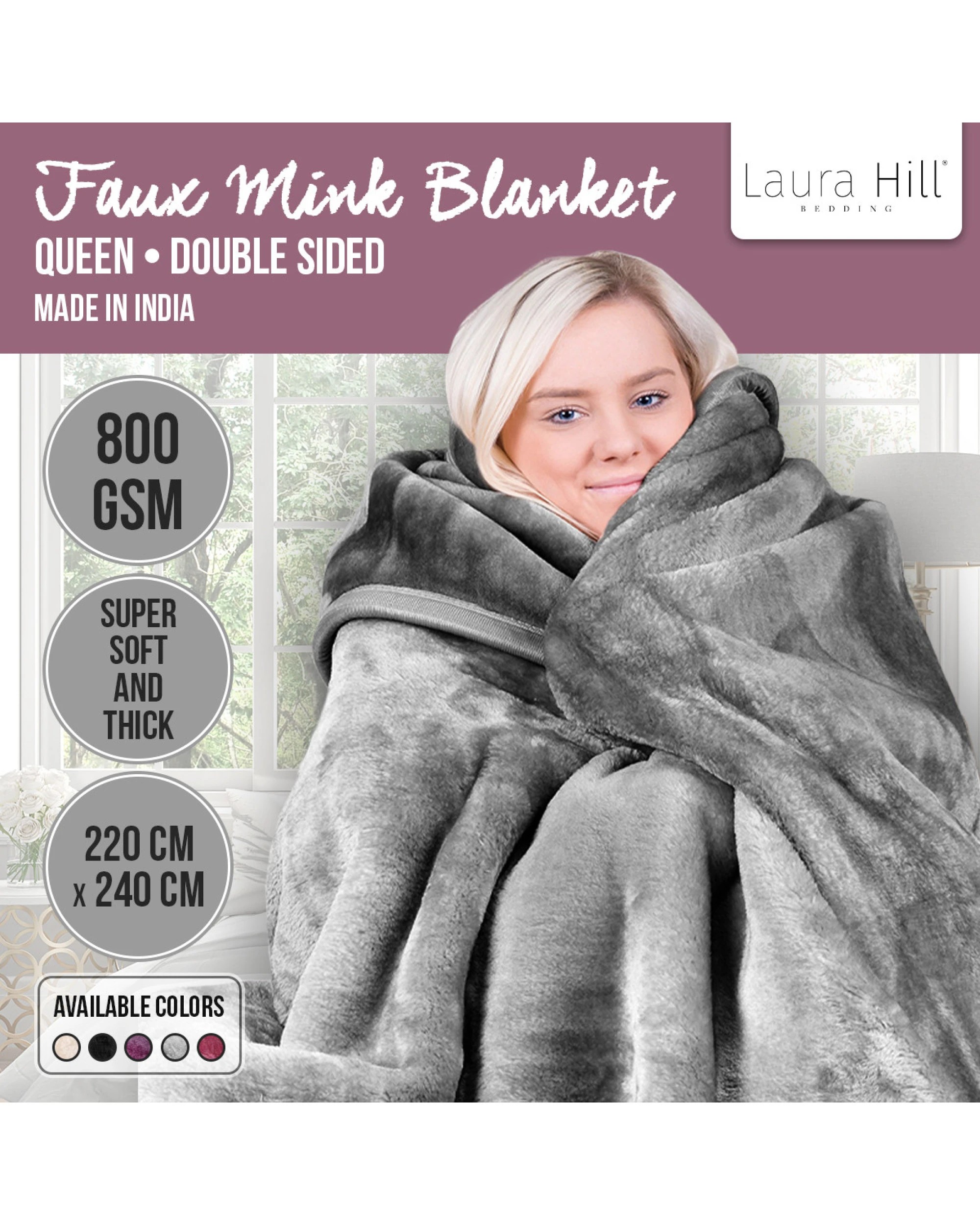 6 Laura Hill 800-gsm Mink Blanket Double-sided Soft Plush Bed Faux Throw Rug Silver
 - Queen Bed, 6 of 8
