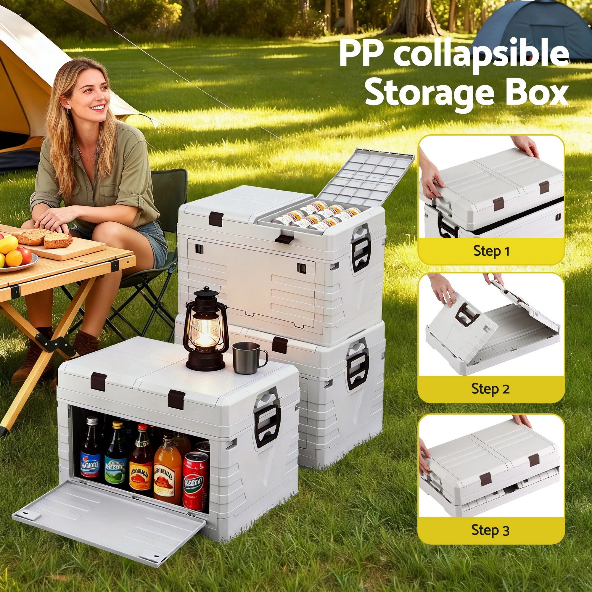2 Gardeon 60L Outdoor Storage Box Foldable Camping Collapsible Bins - Beige, 2 of 6