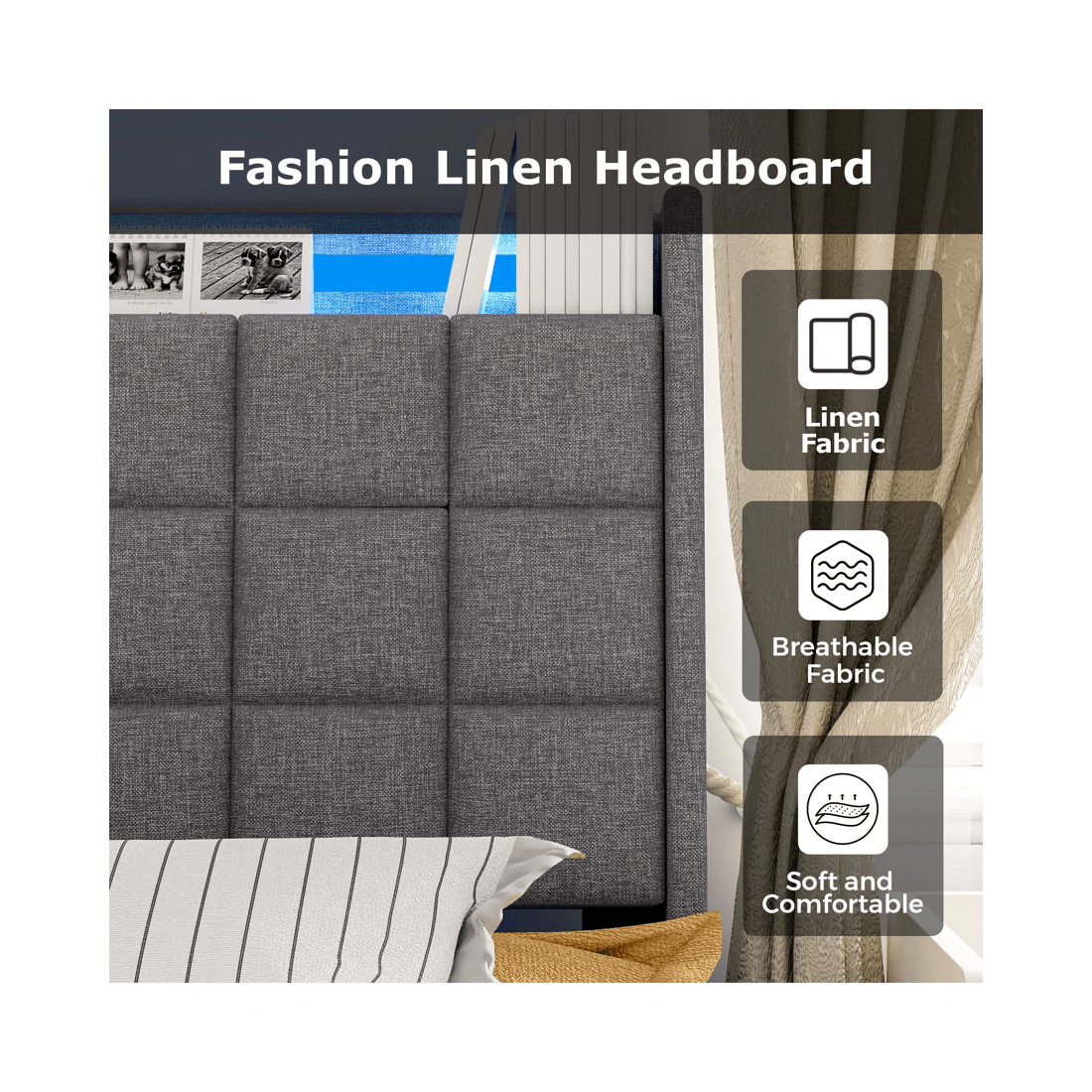 6 Advwin Queen Floating Bed Frame With Led Lights And Storage Headboard Dark Grey, 6 of 9