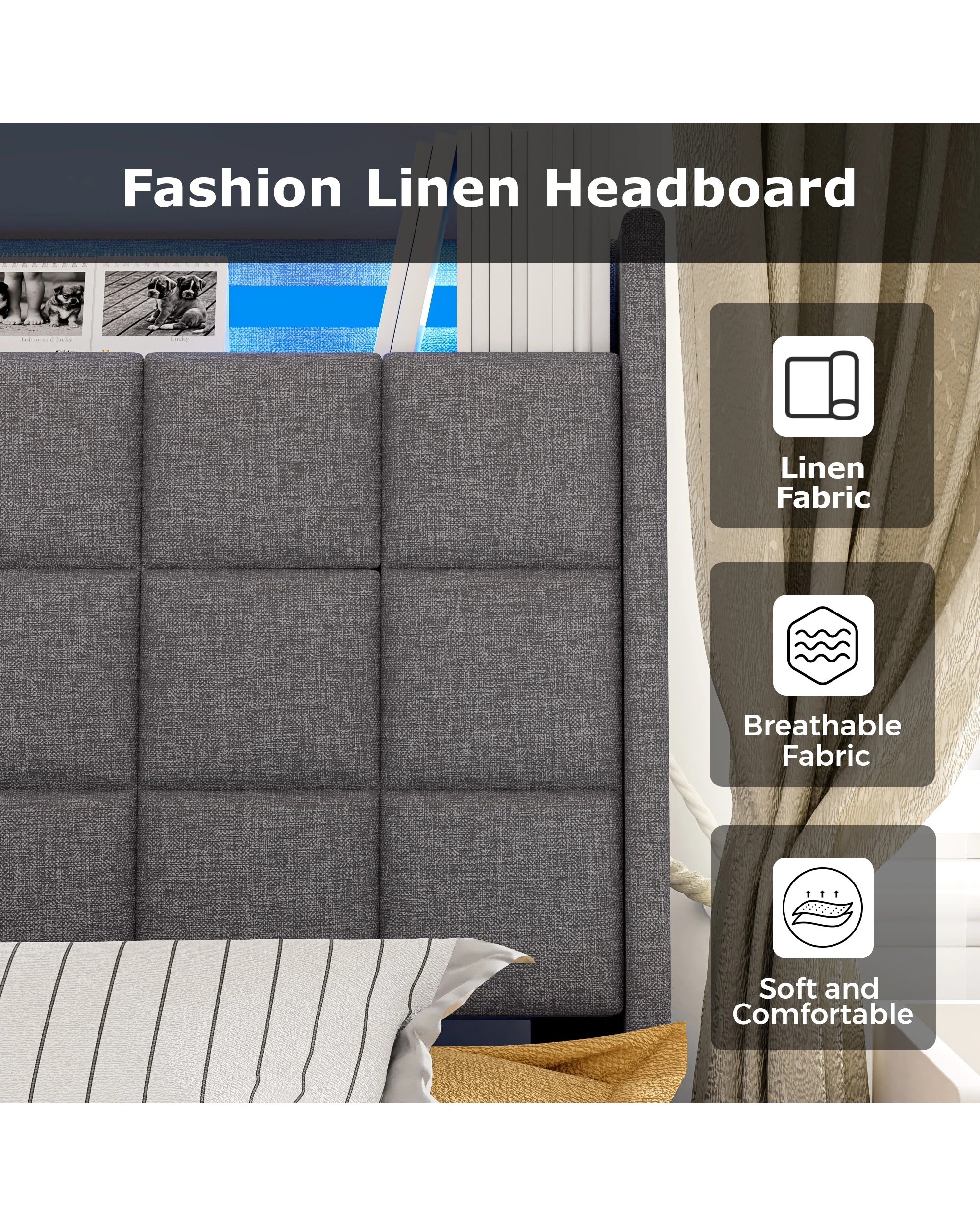 6 Advwin Queen Size Floating Bed Frame with Led Lights and Storage Headboard Dark Grey, 6 of 7