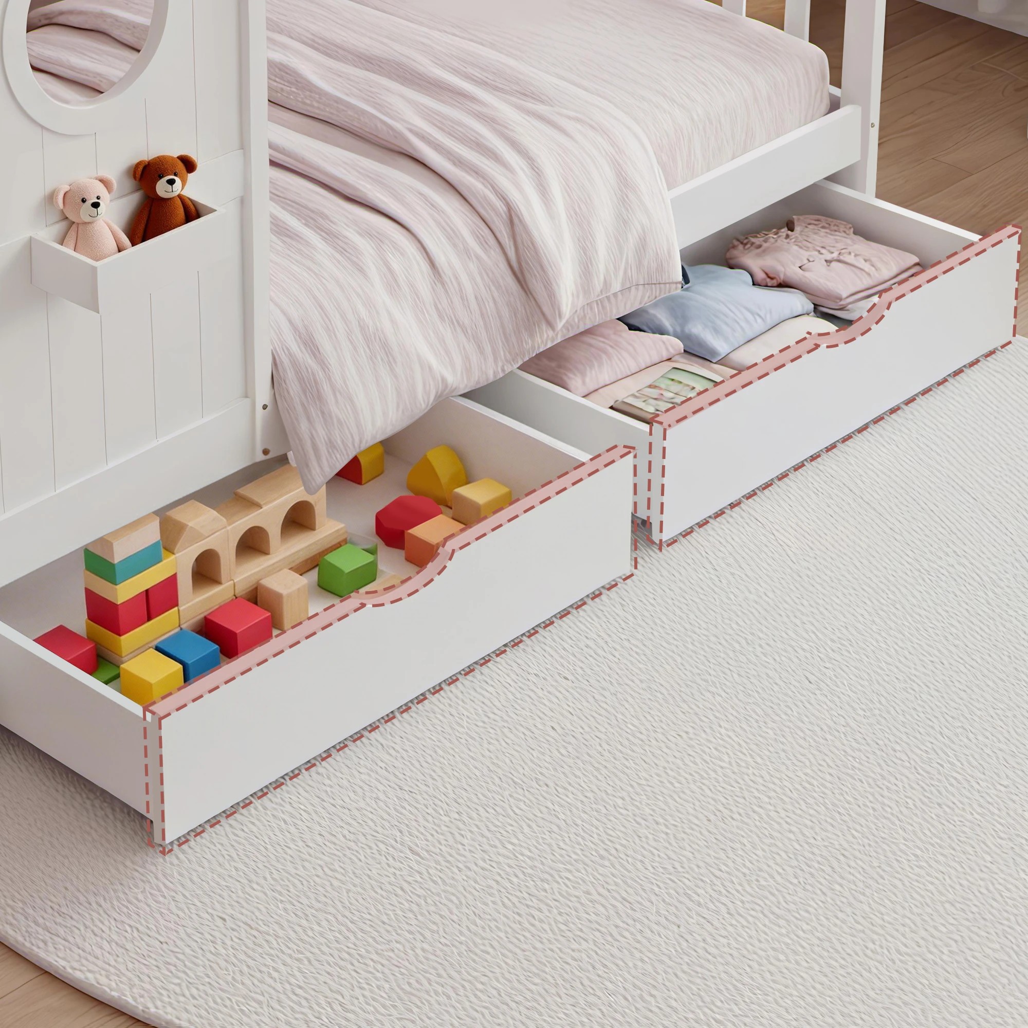 5 Artiss Kids Bed Frame with 3 Storage Bookcase & 2 Drawers House Bed Solid Wood Montessori Bed Easy - Single Bed - White, 5 of 10