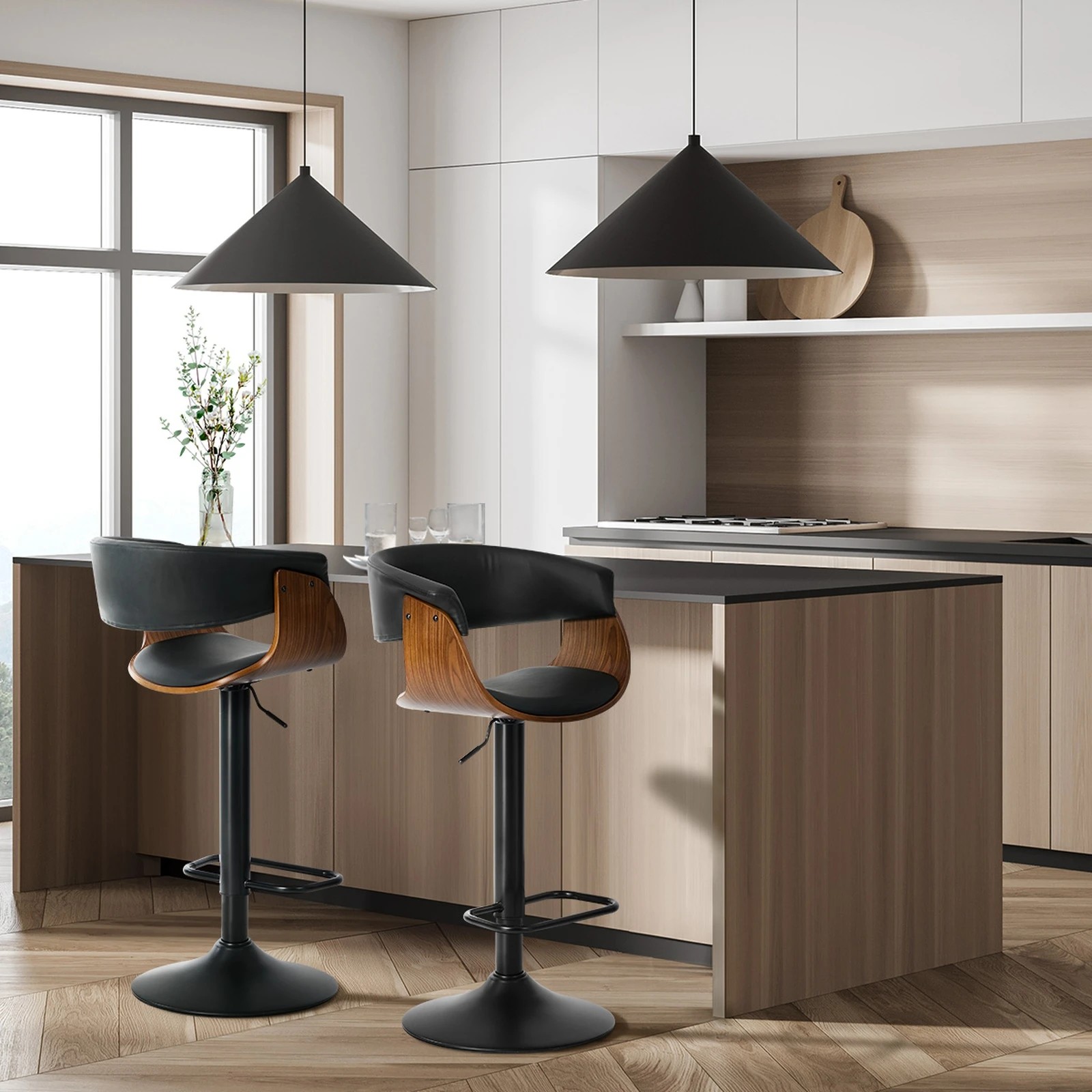 4 Oikiture 2x Bar Stools Swivel Gas Lift Counter Stool Armrest Leather - Black, 4 of 8