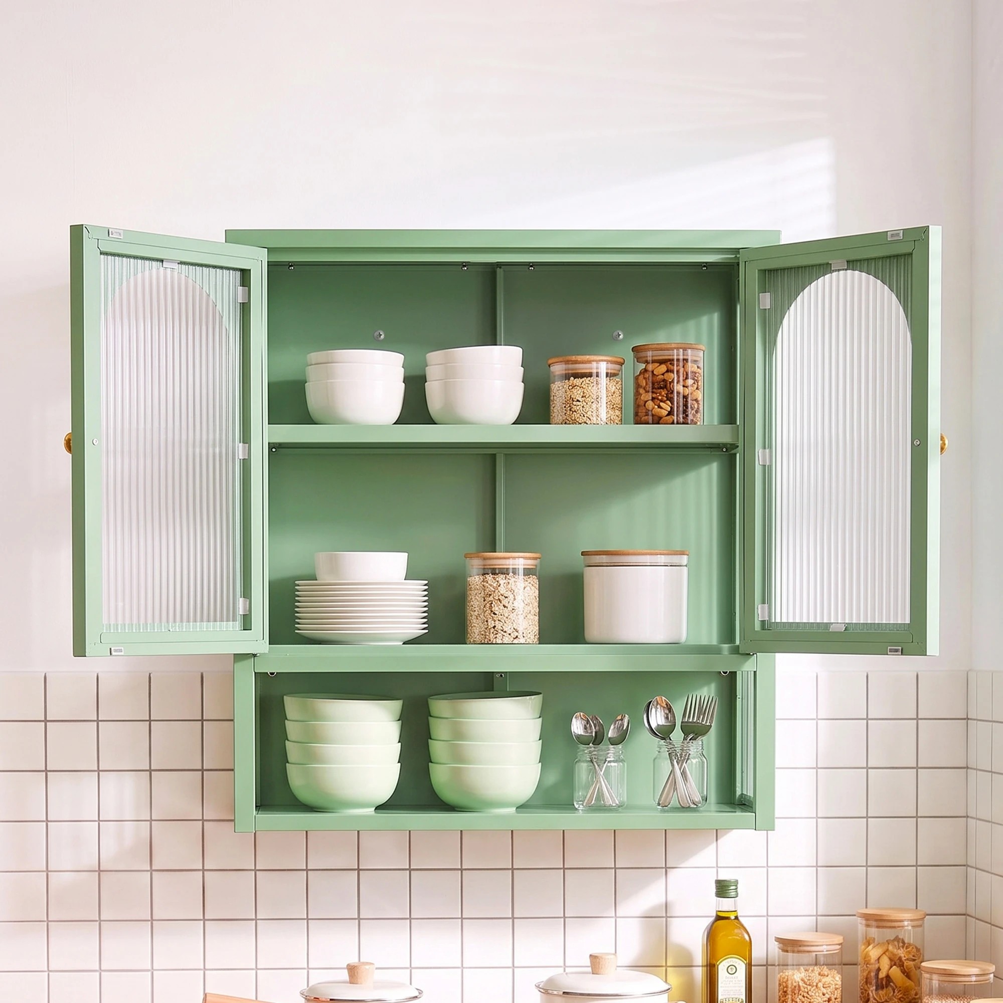 5 Artiss Buffet Cabinet Sideboards X2 Wall Mounted Fluted - Green, 5 of 10