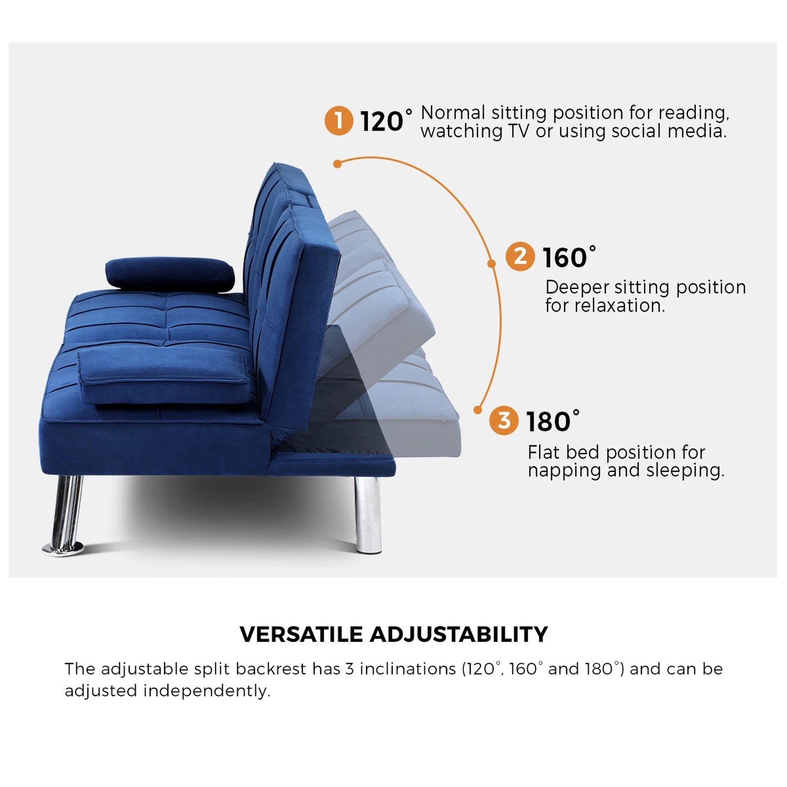 4 Oikiture Sofa Bed Lounge 3 Seater Couch Recliner Sofabeds Cup Holder Velvet
 - Blue, 4 of 10