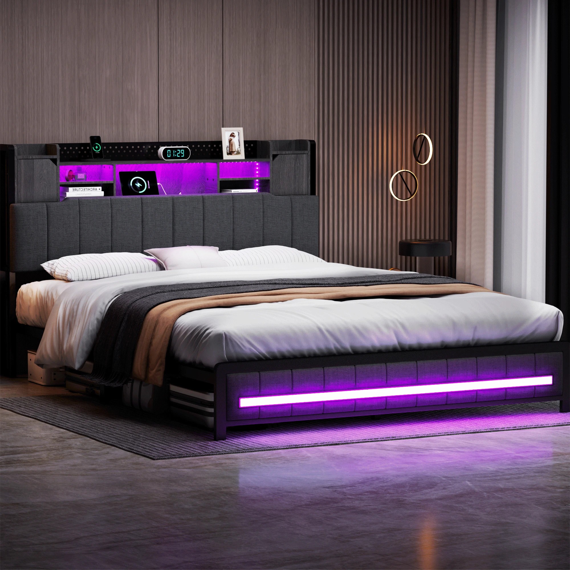 8 Levede Double Size Bed Frame Fabric with LED USB and Storage Bedhead, 8 of 9