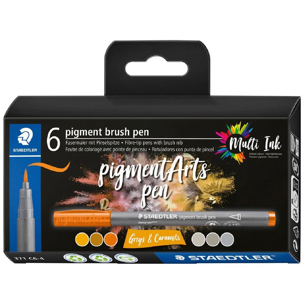 1 Staedtler Pigment Arts Brush Pens Greys & Caramels 6 Pack, 1 of 2