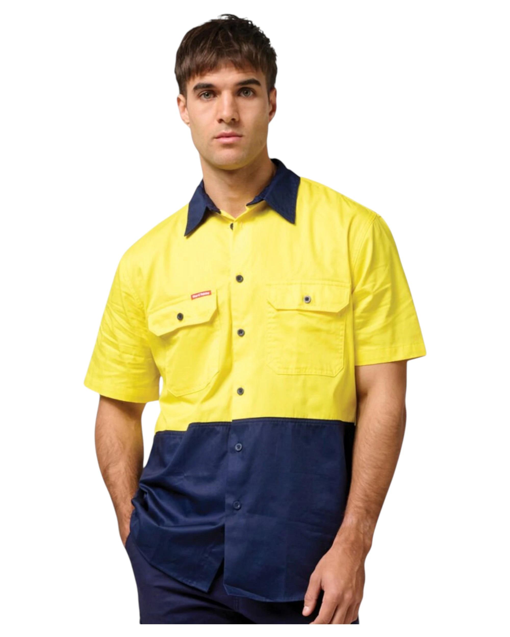 2 Hard Yakka 3 Pack Core Hi Vis 2 Tone Short Sleeve Lightweight Vented Shirt YELLOW/NAVY, 2 of 6