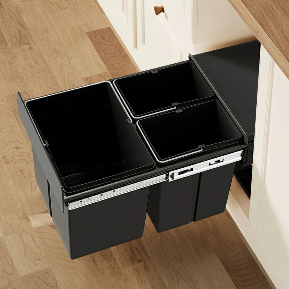 2 Cefito Pull Out Bin Kitchen Triple Slide Garbage Rubbish Bins Basket Blcak 31L - Black, 2 of 4