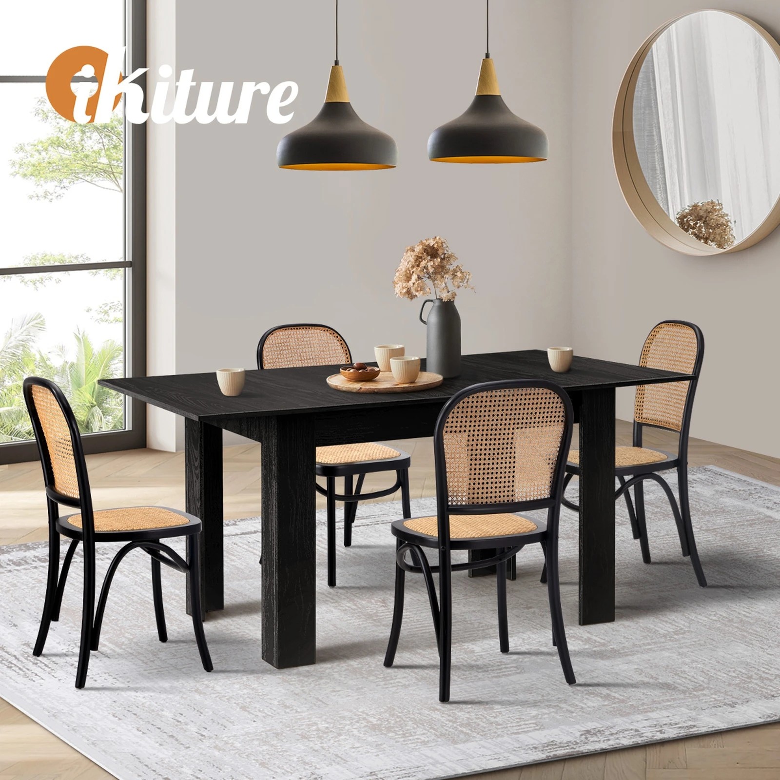 6 Oikiture 160cm Extendable Dining Table with 4PCS Dining Chairs Rattan - Black, 6 of 9