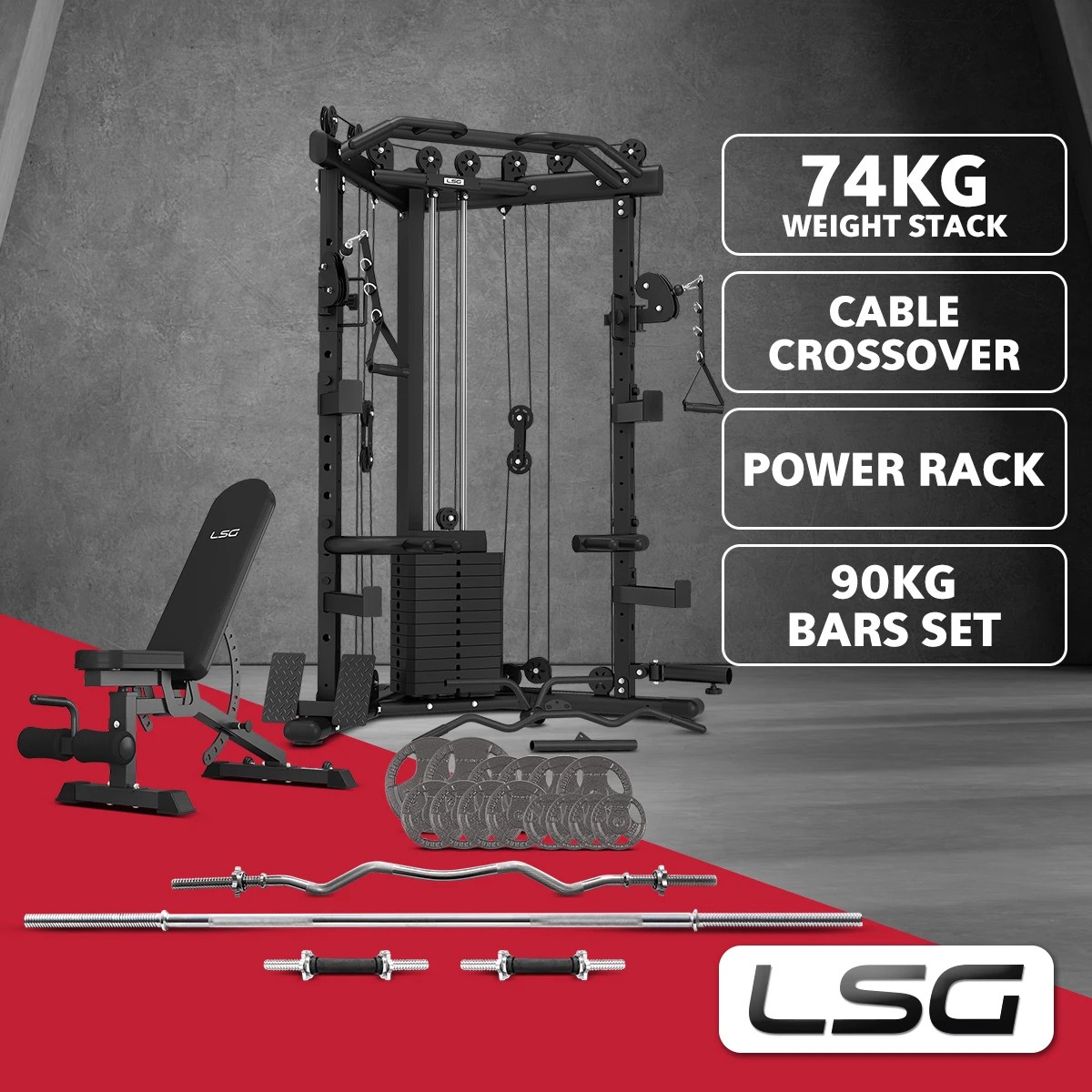 2 LSG GRK-110 Space Saving Multi-Function Rack with 74kg Cable Crossover, FID Bench, 90kg Standard Weight Package - Black, 2 of 10