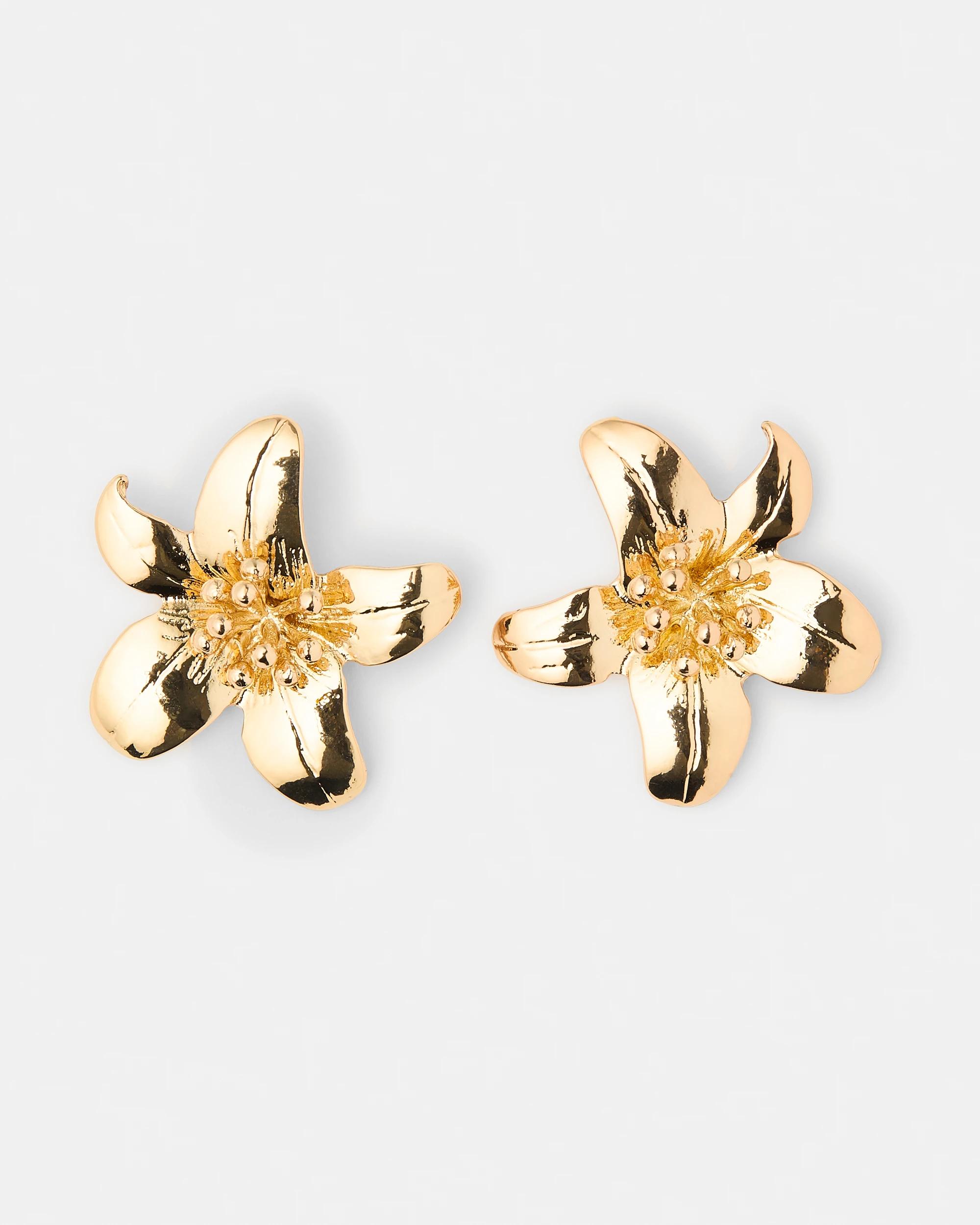 2 Floral Stud Earrings - Gold Tone Gold, 2 of 5