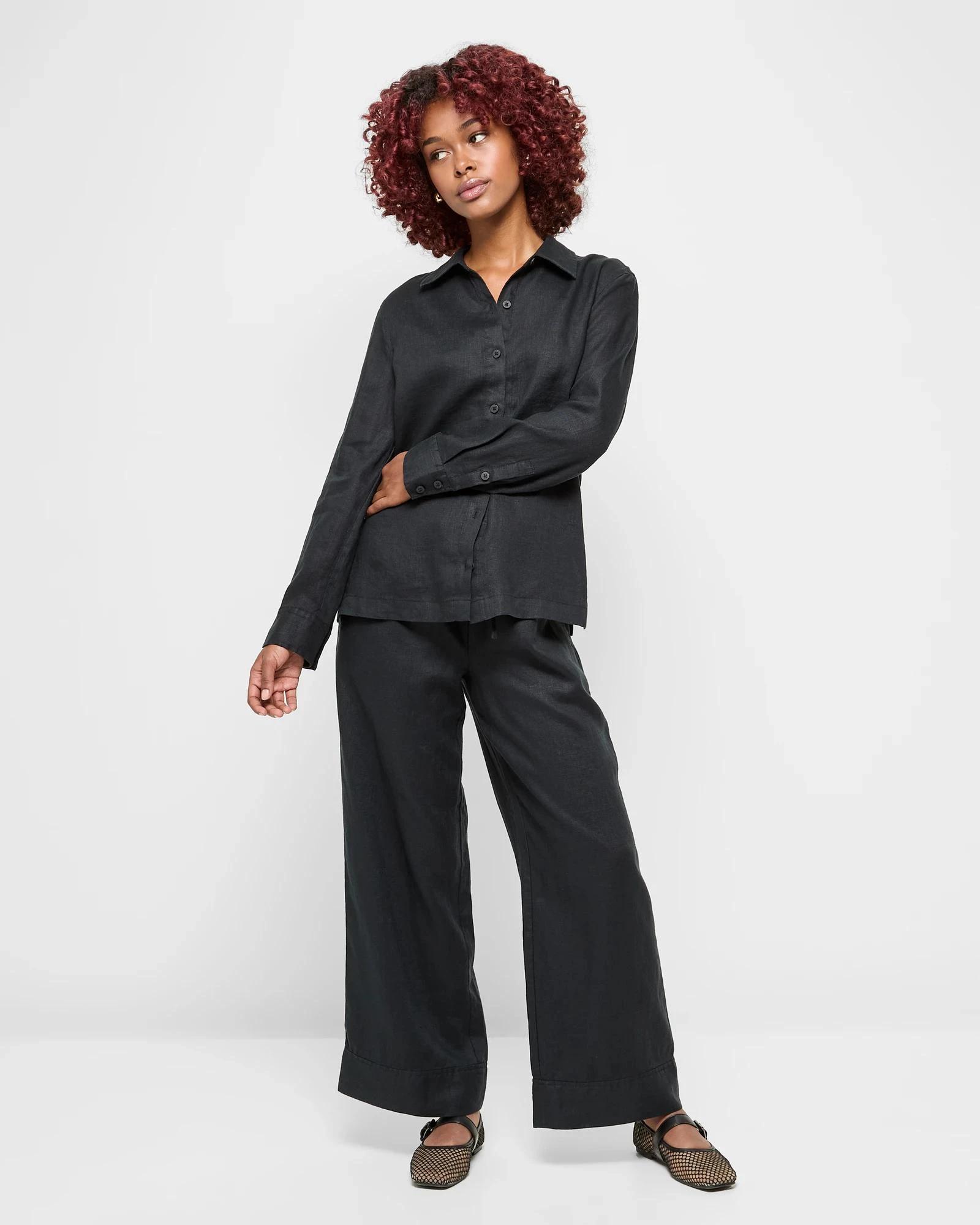 2 Target Petites Petites European Linen Long Sleeve Shirt BLACK, 2 of 5