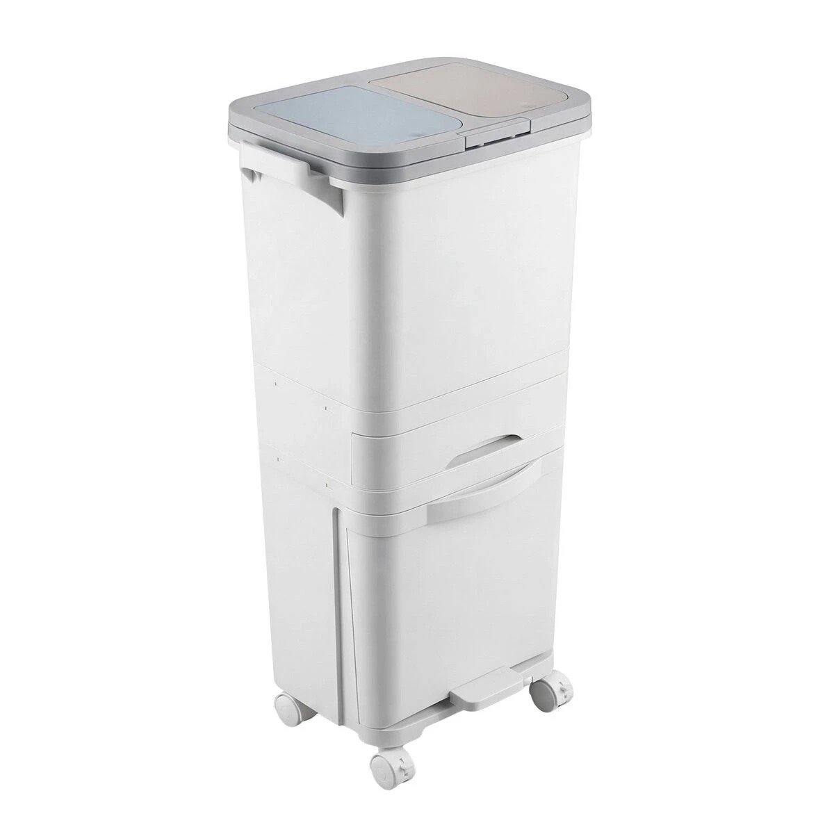 1 Ausway 42L 3 Tier Rubbish Recycling Bin with Wheels 3 Compartment Kitchen Waste Sorter Removable Buckets, 1 of 3