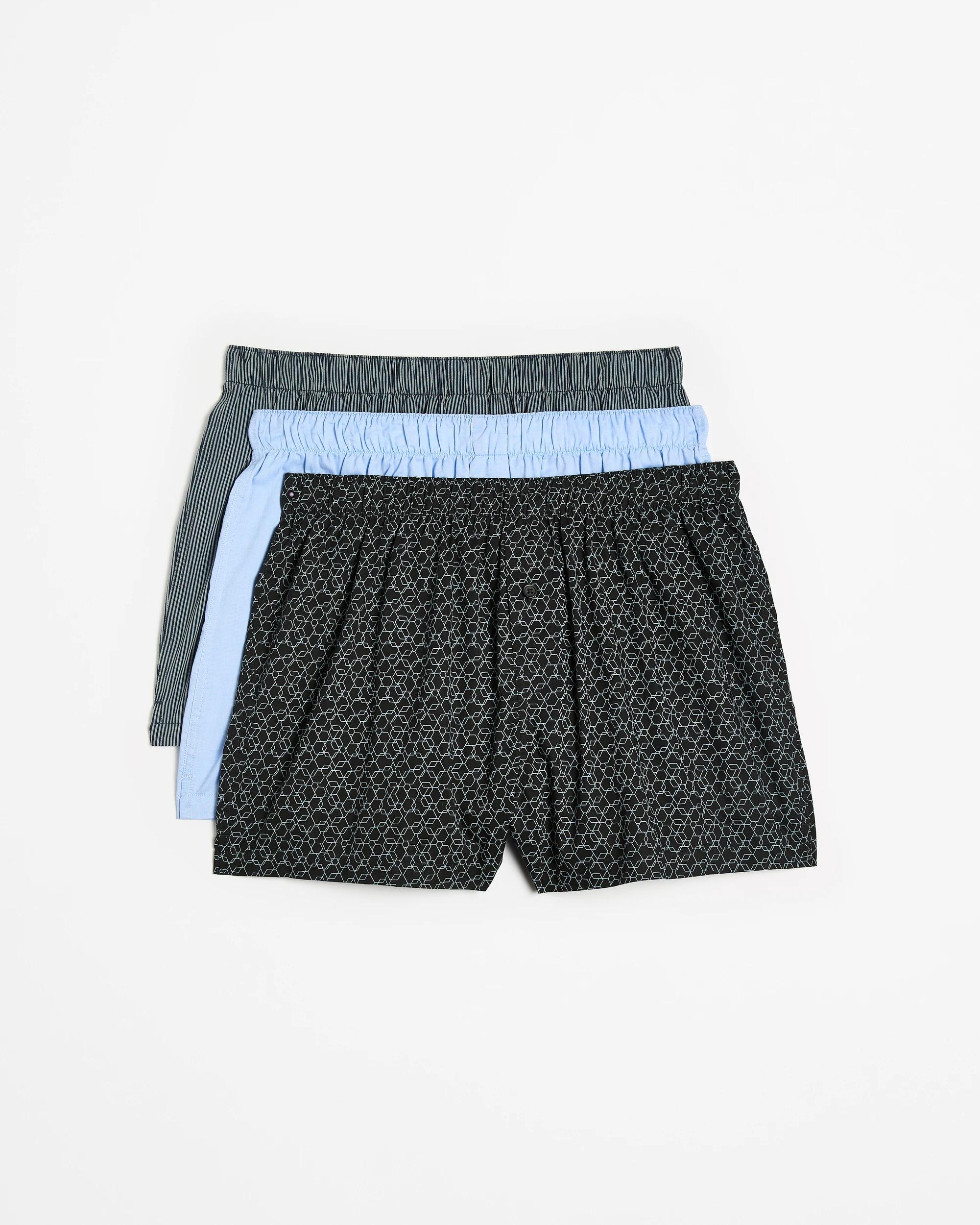 1 Mens Australian Cotton Woven Poplin Boxers 3 Pack - Maxx GEO BLACK/BLUE/NAVY STRIPE, 1 of 4