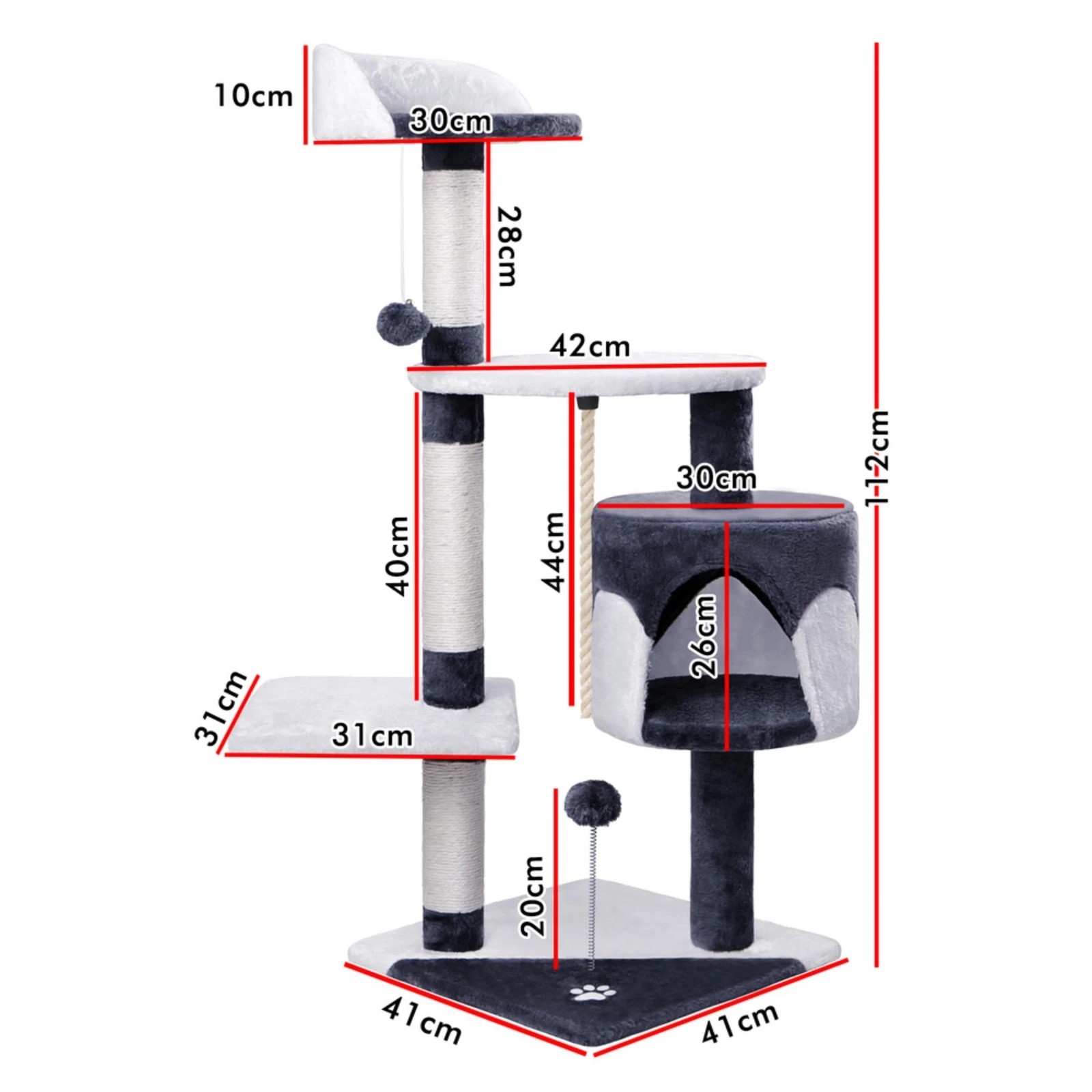 3 Beastie Cat Tree Scratching Post Scratcher Tower Condo House Furniture 112CM - Grey White, 3 of 5