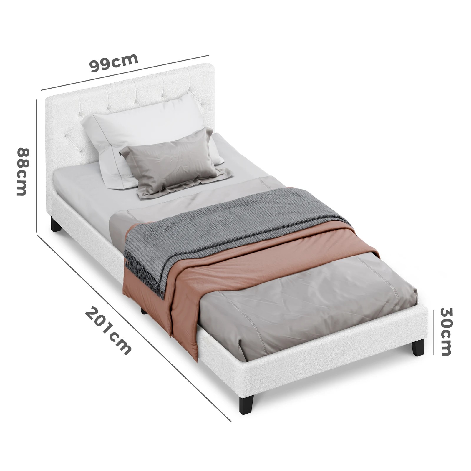 10 Alfordson Bed Frame Single Size Wooden Base Platform Boucle Madelyn - White, 10 of 10