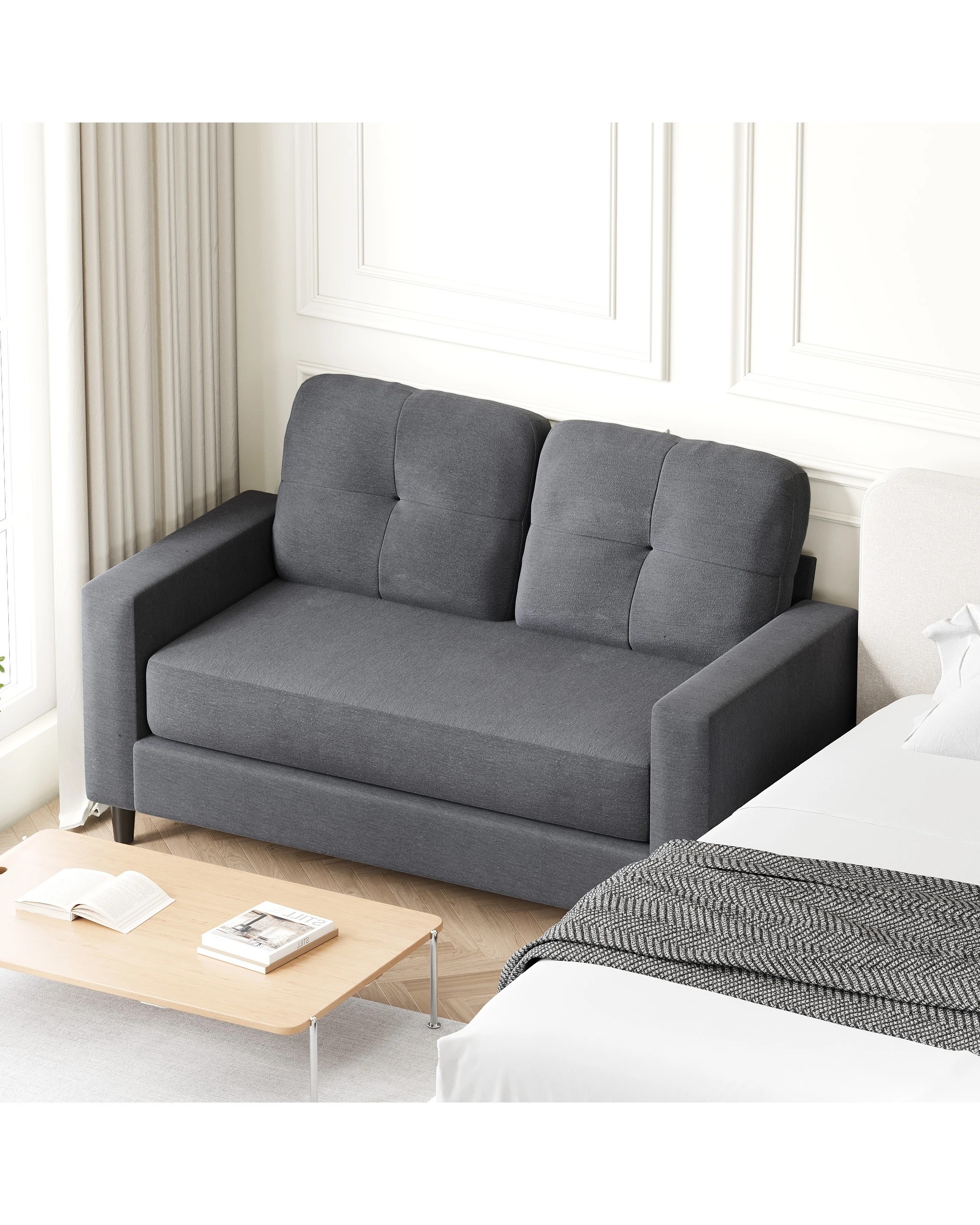 1 Advwin 2-seater Sofa 132cm Love Seat Linen Fabric Small Loveseat Sofa Couch Grey, 1 of 4